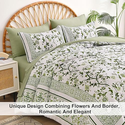 Miniatura 8 de Dobuyly Juego de edredón floral tamaño King, juego de ropa de cama botánica de 7 piezas de cama en una bolsa, juego de edredón de microfibra suave