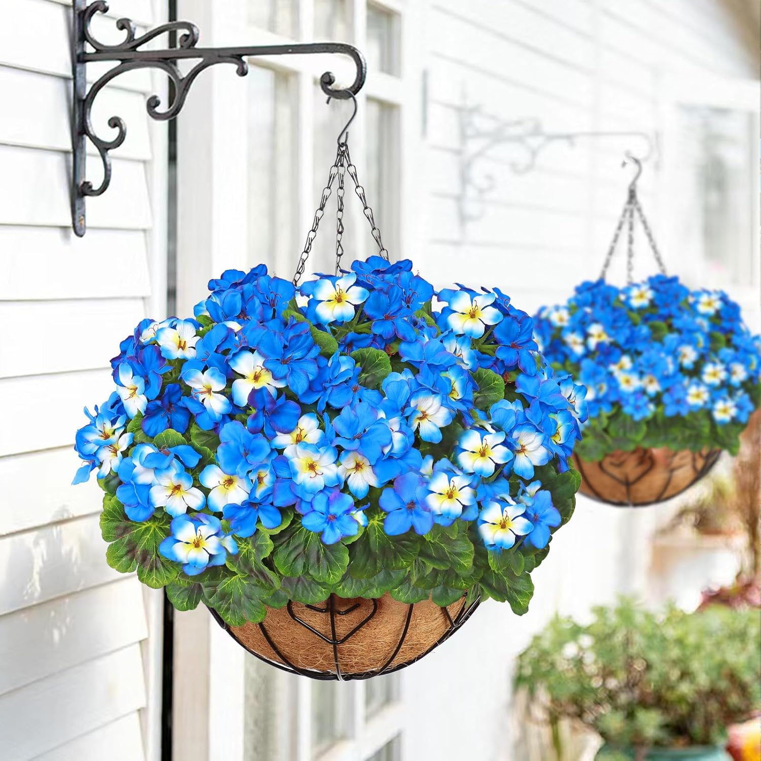 Fake Flowers 2PCS 17.3In Artificial Geraniums for Outdoors Realistic Artificial Geraniums UV Resistant Silk Flowers for Home Garden Wedding Indoor Outdoor Decoration (Blue) - Image 6