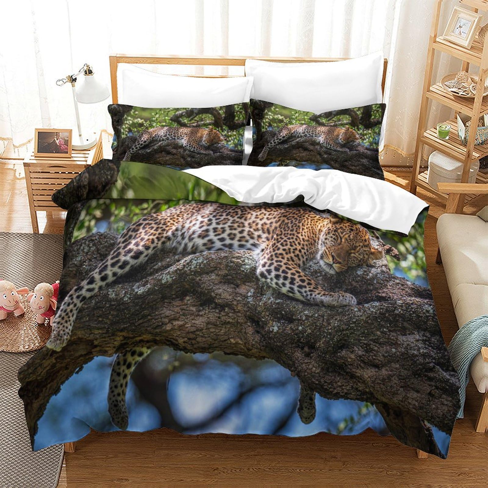 P1s9u7w5y Jaguar-7 Wild Leopard 3D Printed Microfiber 3Pcs Duvet Cover Set Jungle Leopard Bedding Set Double（200X200cm）