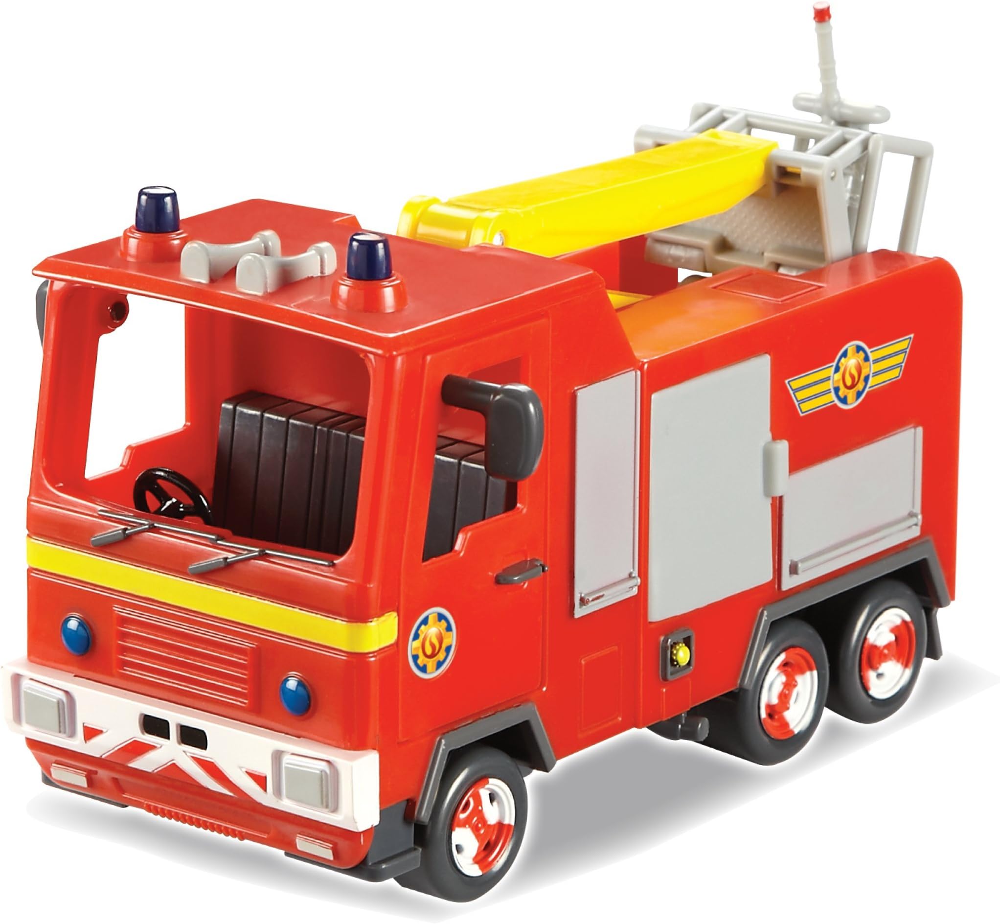 Jfireman Sam Jupiter the Fire Engine. Open the door and unwind the hose ready for action. Raise the crane arm with rescue platform to save the day