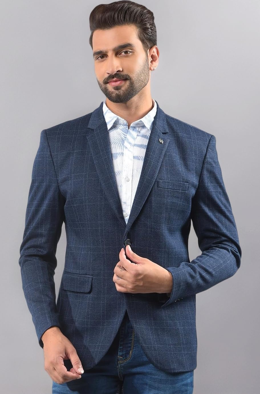 Men's Navy Blue Checked Notched Lapel Single-Breasted Blazer