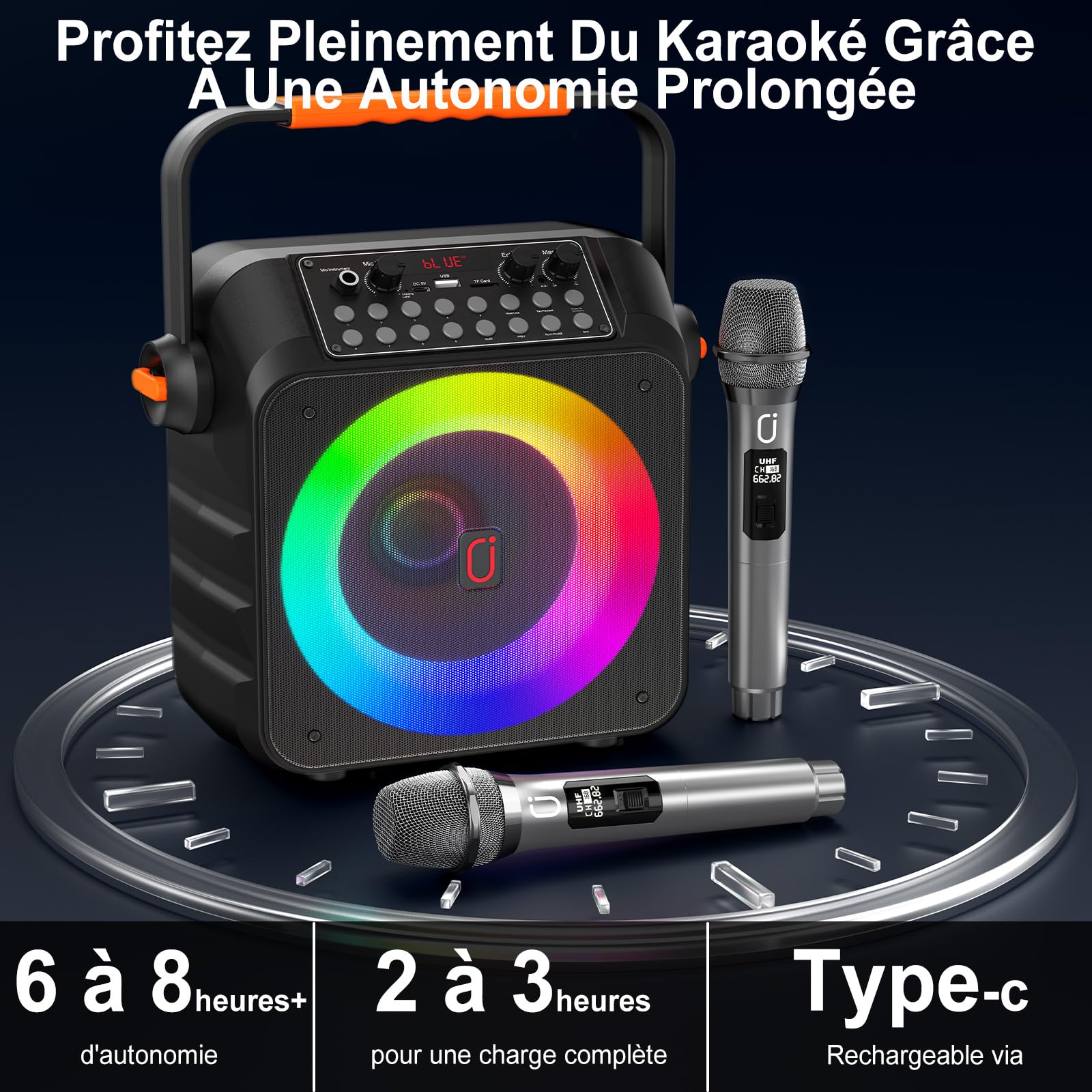 HWWR Karaoke Adulte avec 2 Microphones, Karaoké Professionnel Portable Bluetooth 5.3 avec LED, 80W Puissance Enceinte Micro, Haut-Parleur Amplifié Portable Système Karaoké Soutien REC/USB/TF/AUX
