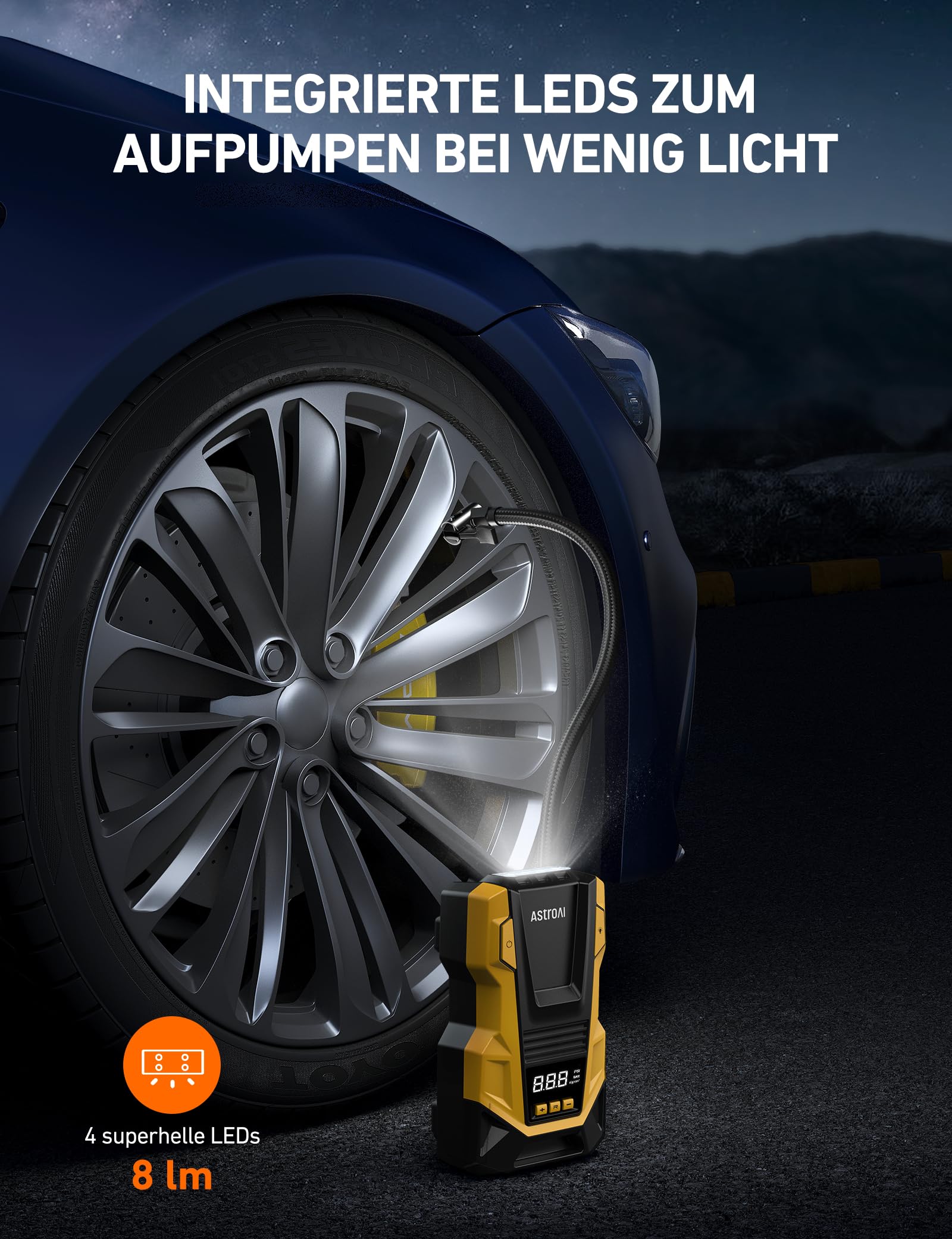 AstroAI 2 in 1 Kompressor Auto, Luftpumpe Auto 12V 230V, 10,3 Bar Autoreifen Pumpe mit AC/DC-Dual-Stromversorgung und Langlebiger Metallmotor für Autos,Fahrräder, Motorräder, Bälle, Gelb