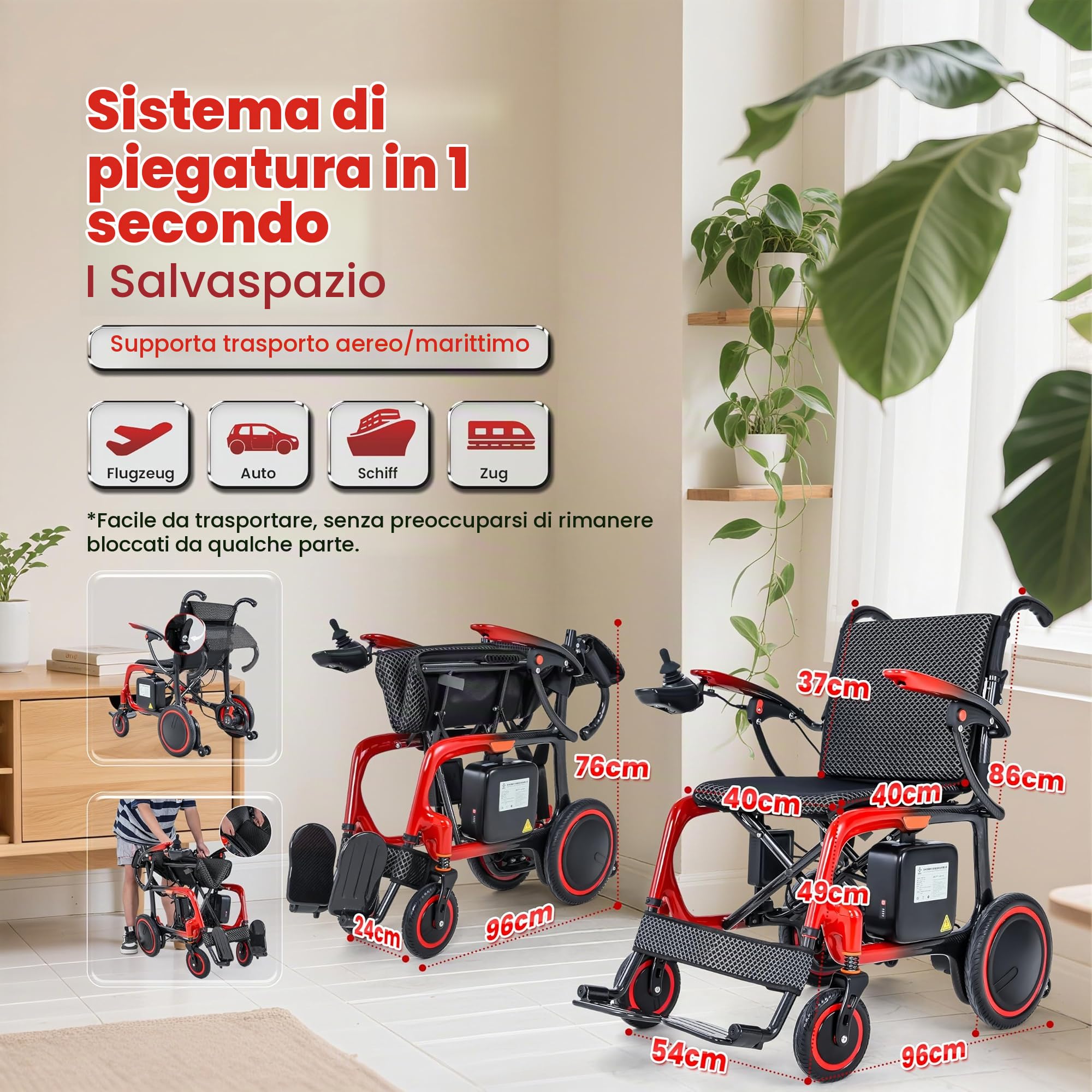 Sedia a rotelle elettrica ultraleggera pieghevole (13 kg), 100% fibra di carbonio, 2 batterie da 12AH, autonomia 48 km, sedia a rotelle elettrica per adulti, con cuscino imbottito, zaino