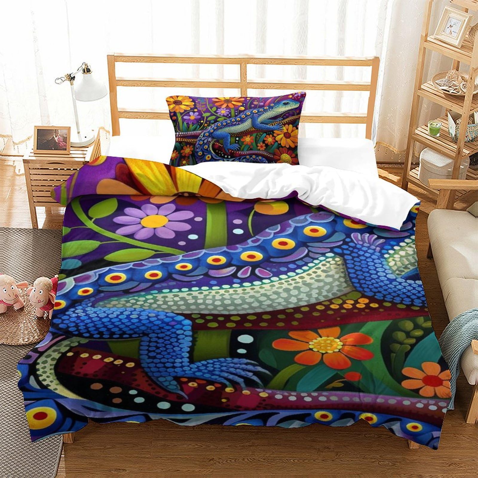 GPARSDDIO 3D Printed Quilt Cover Set Lizard 3 Pieces Bed Duvet Set Soft Microfiber with Zipper Closure，Pillowcases for Teens And Adults Single（135x200cm）