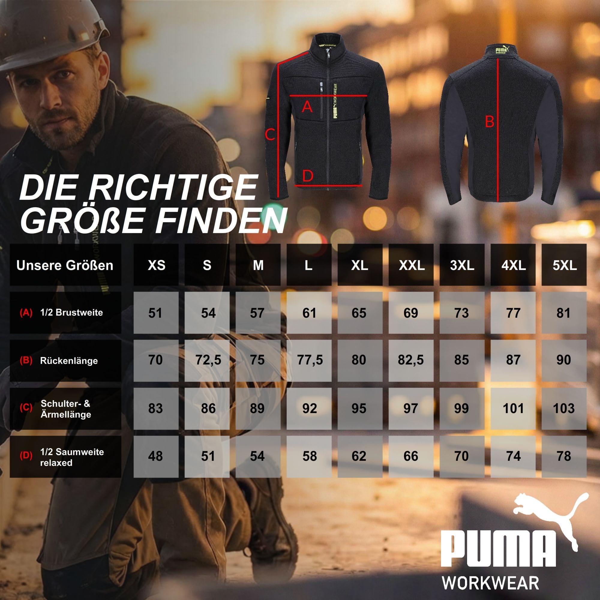 PUMA Workwear Fleecejacke Herren - Stehkragen - Verlängertes Rückenteil - Stifttasche am rechten Oberarm - 6 Taschen - Zwei Brust und Seitentaschen - Zwei große Innentaschen