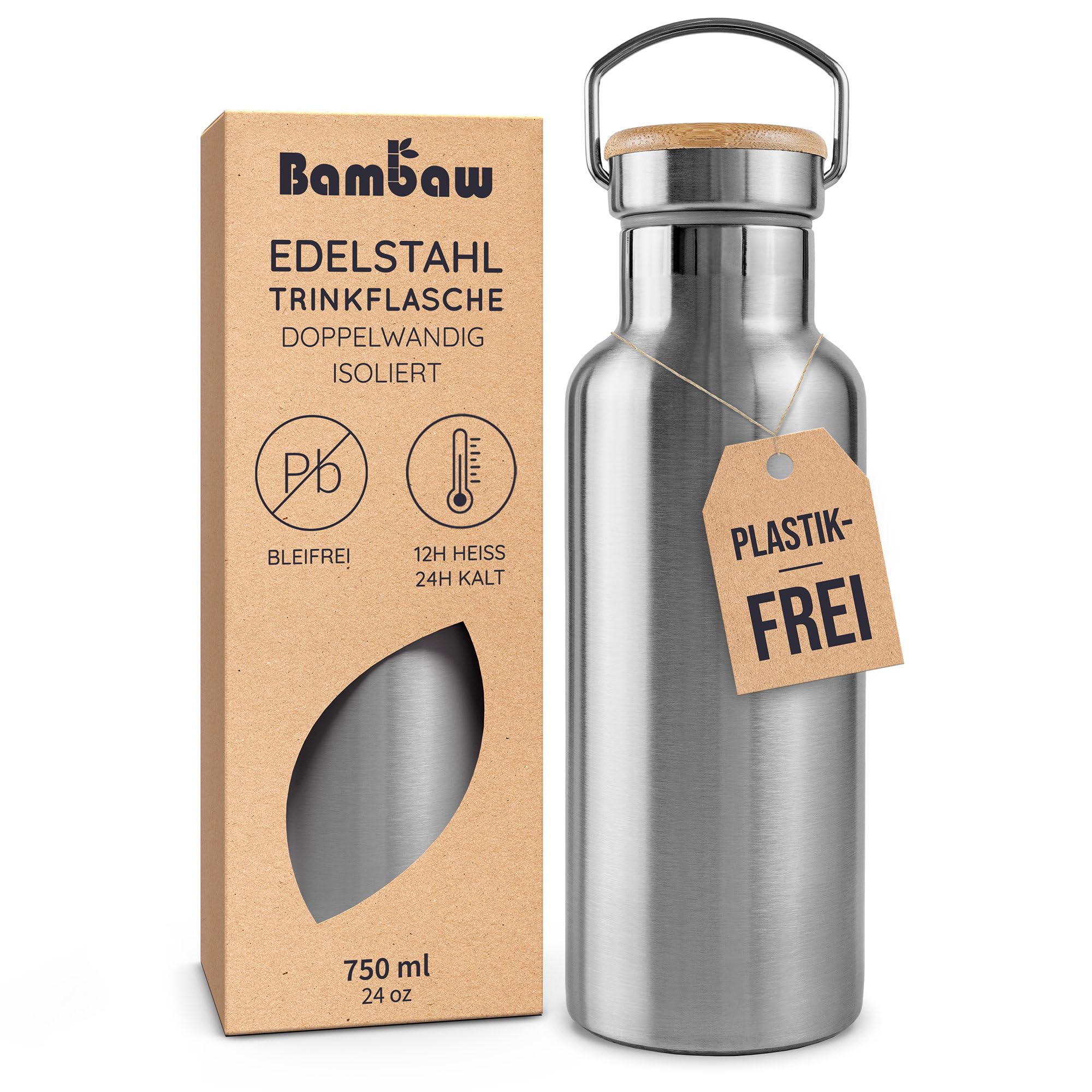 Bambaw Thermosflasche 750ml Edelstahl, Trinkflasche Metall, Wasserflasche 750ml, Thermoflasche, Doppelwandig, Auslaufsicher, Passend für Teefilter, Hält 24h Kalt & 12h Heiß (Silber)