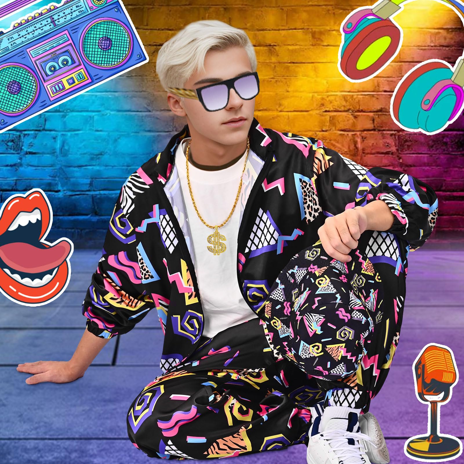 Amycute 80s Shell Suit for Men Women Retro 80s Tracksuit, 1980s Disco Fancy Dress 80s 90s Costume Outfits Adults Halloween - Image 2