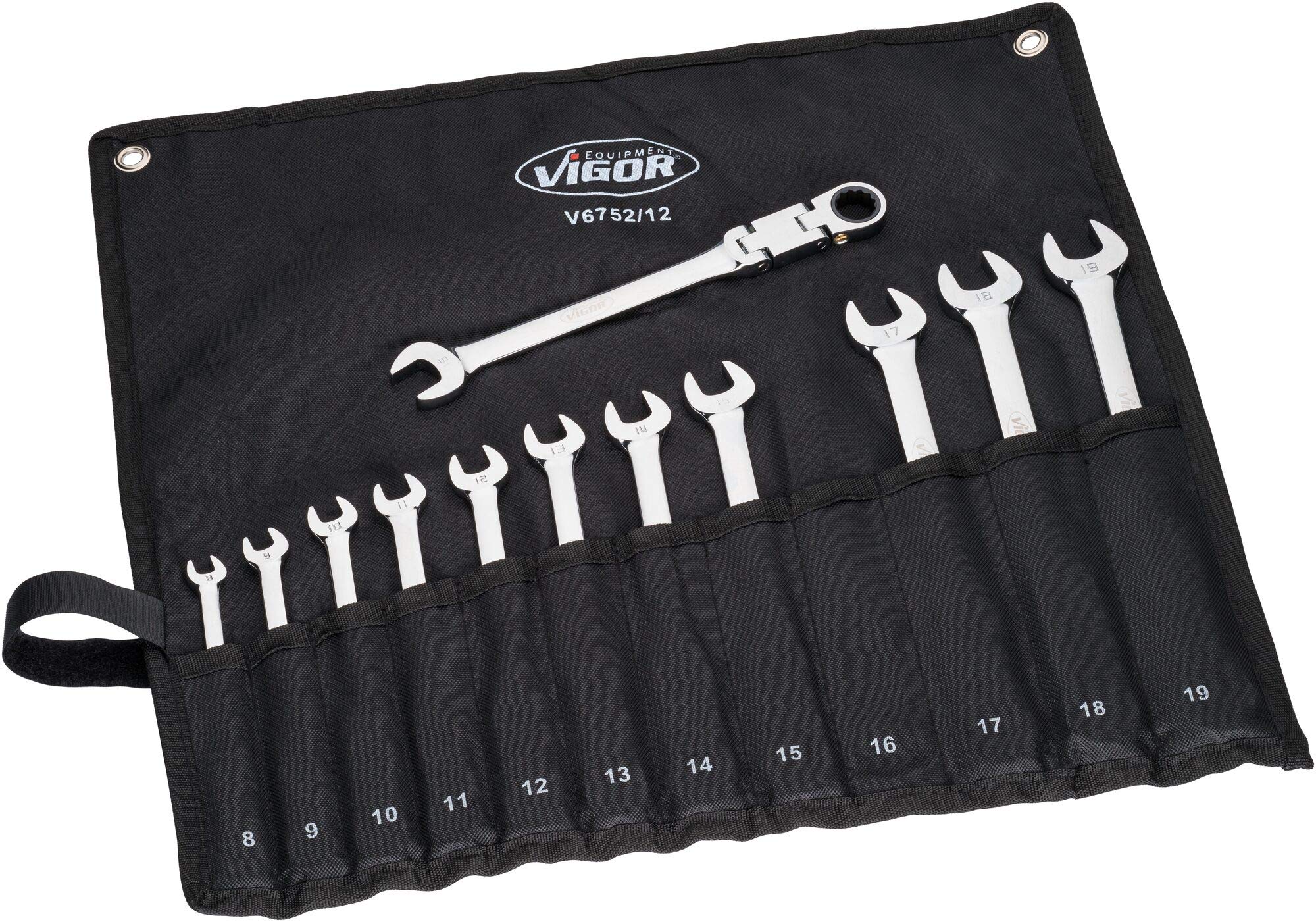 Vigor V6752/12 - Juego de llaves combinadas (doble articulación, mecanismo de carraca dentado fino en el lado del anillo, 12 piezas en práctica funda enrollable), color plateado