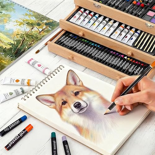 Miniatura 3 de Juego de 175 piezas de arte de madera de lujo con 2 almohadillas de dibujo, pinturas acrílicas, lápices de colores, lápices de colores, pincel, kit