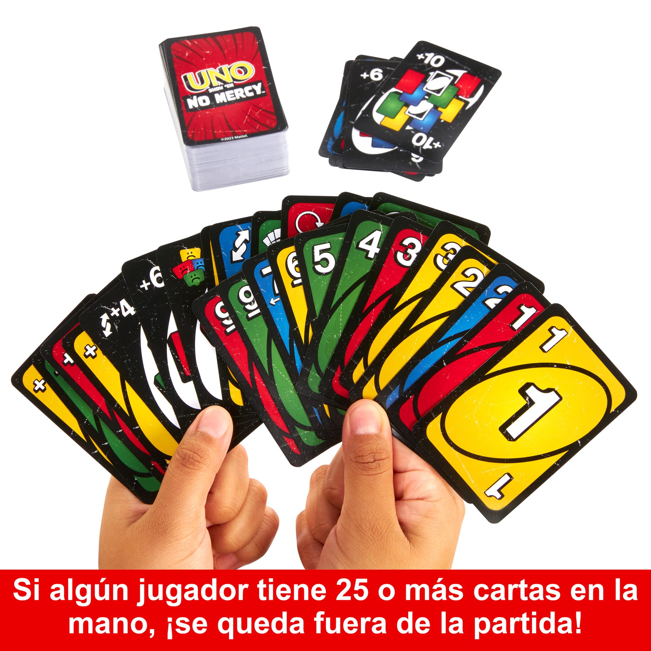 Mattel Games Juego de cartas UNO No Mercy Juego de mesa familiar con cartas nuevas, reglas especiales y penalizaciones más despiadadas, +7 años (HWV18)