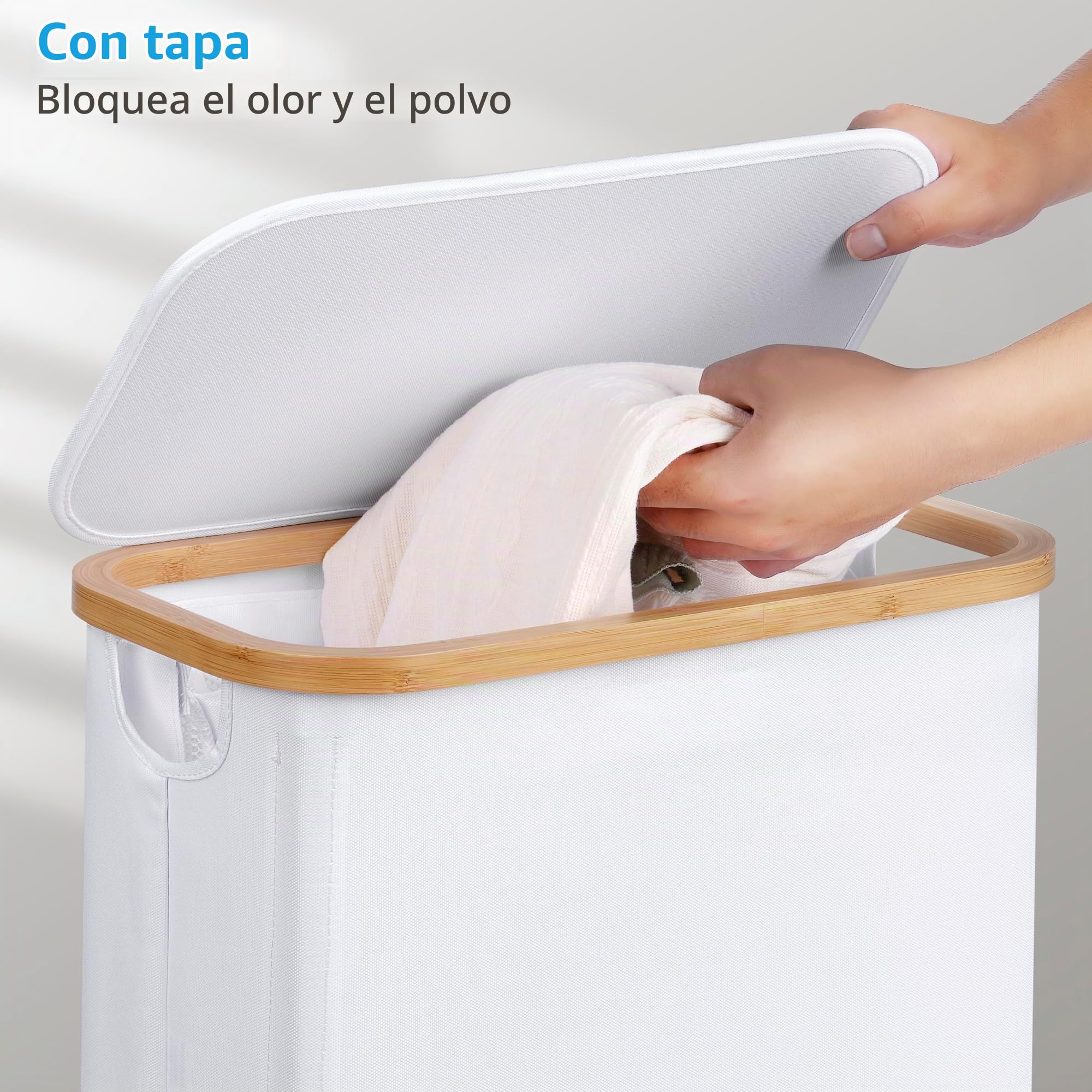 efluky Cesto Ropa Sucia con Tapa 63L, Cesta Ropa Sucia Estrecho de Bambú, Cesta de Almacenamiento, Cubo Ropa Sucia Pequeño Plegable para Baño, Dormitorio, Lavadero, Blanco