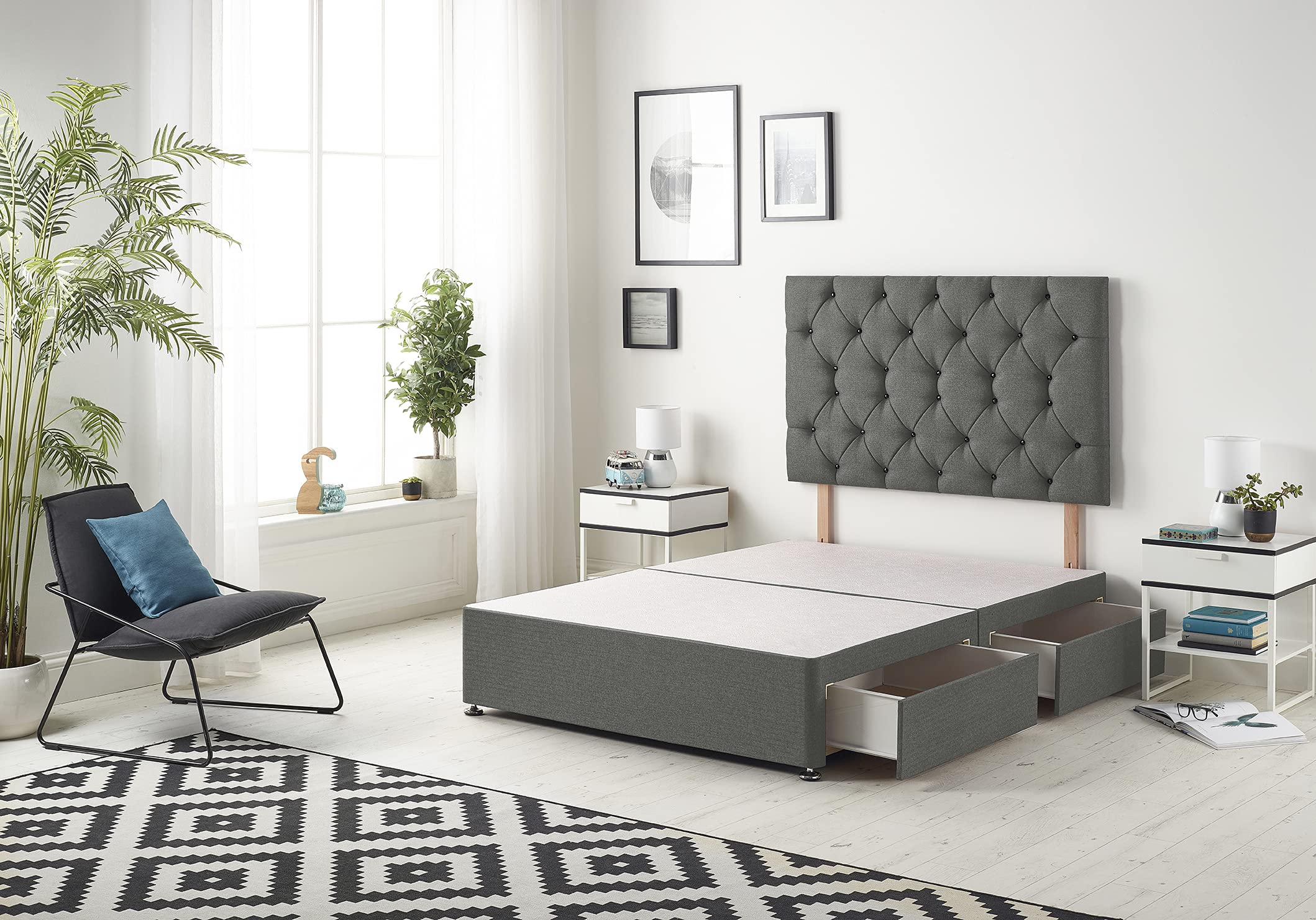 Bed Centre 3FT Single Divan Base with 2 Drawers & Headboard – Linen Grey | Upholstered Storage Bed Base | Multiple Fabrics & Colours | UK Made