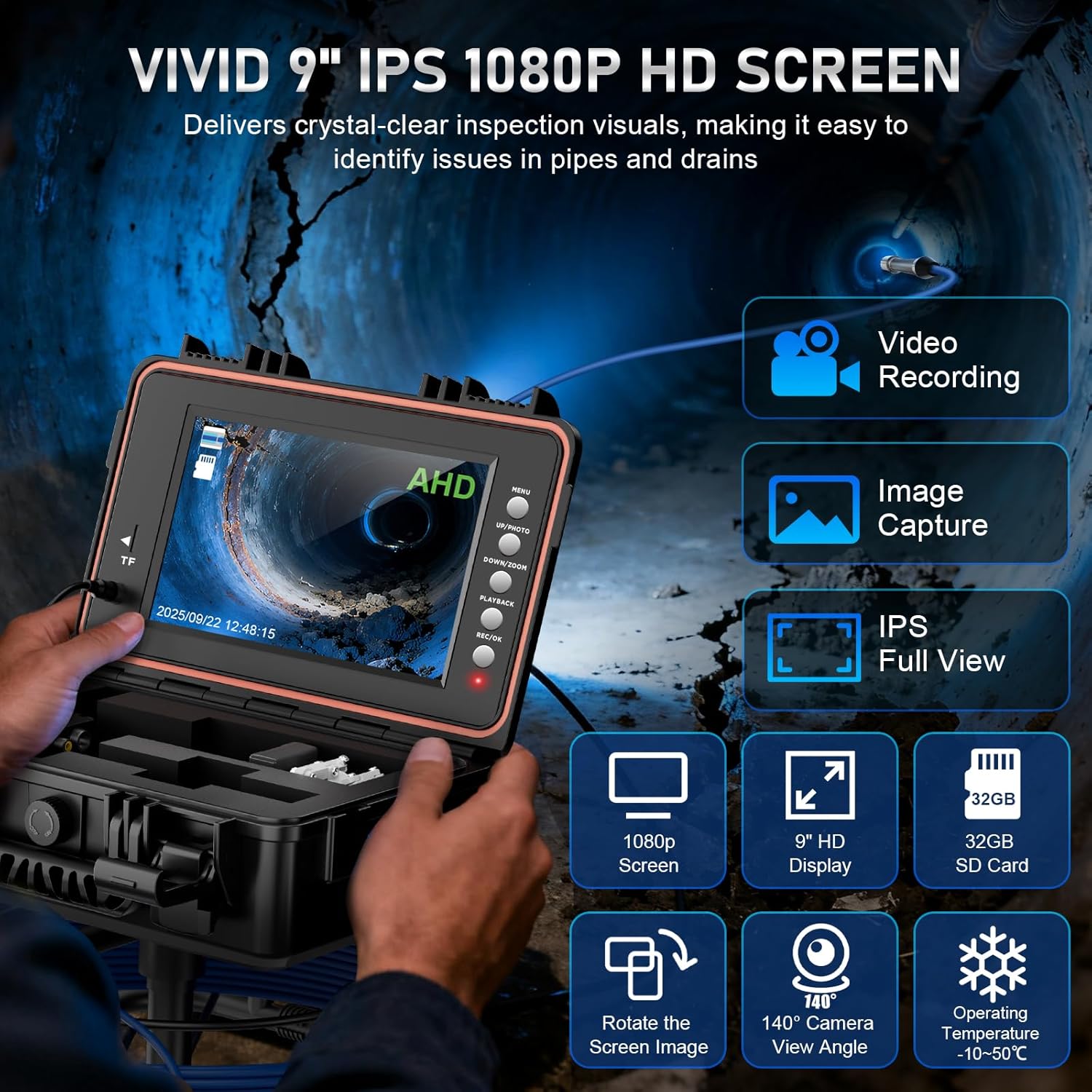 Sewer Camera with 512Hz Transmitter, Self-Leveling Drain Camera 100ft with Meter Counter, 9" HD Plumbing Camera Snake with 12 LED Lights, 5100mAh Battery, IP68 Waterproof, 32GB DVR for Pipe Inspection