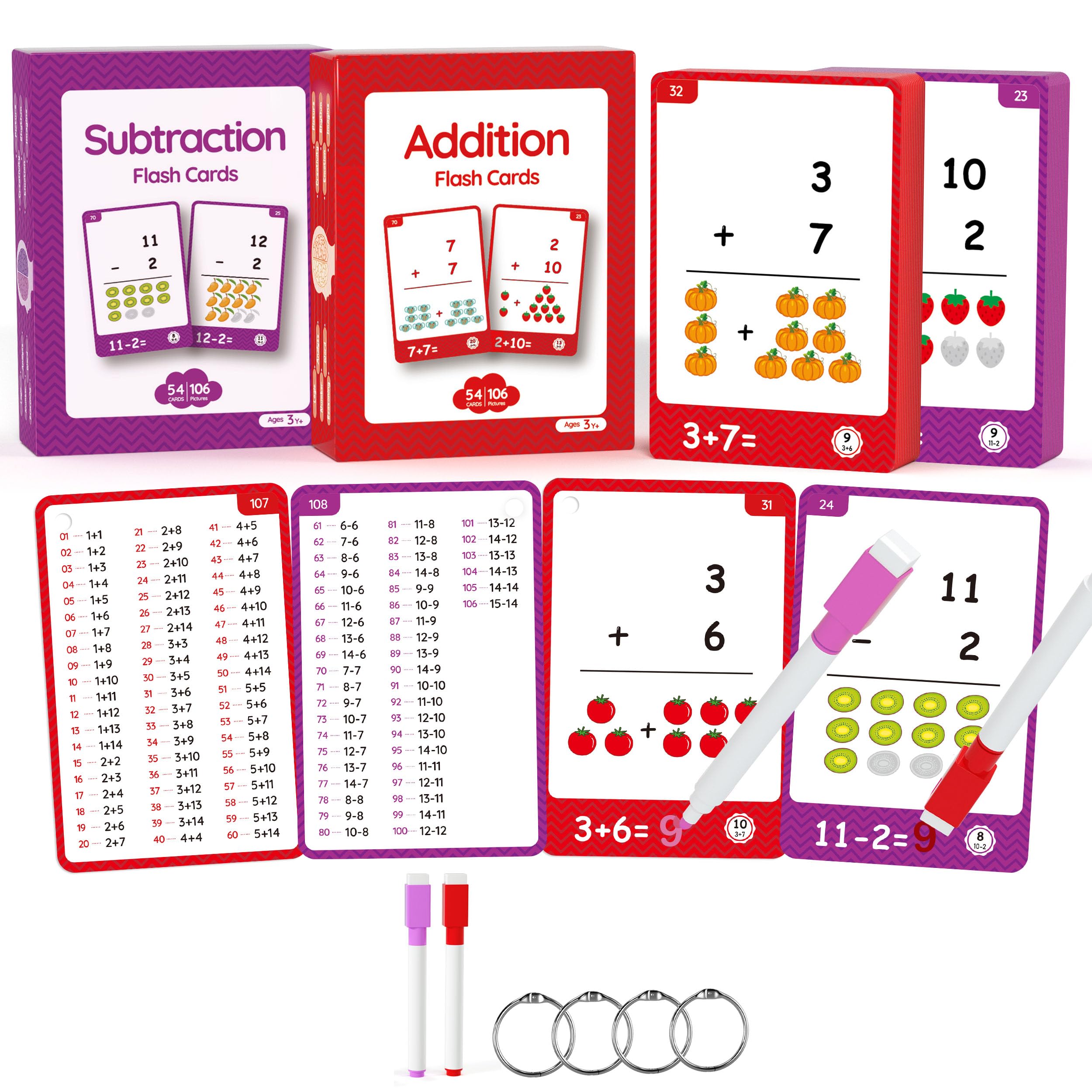 110Cards, 212 Pictures Math Flash Cards for Kindergarten,1ST, 2ND, 3RD Grade, Add Sub Addition Subtraction Flash Cards for Kids Ages 6,7,8,9,10 Years