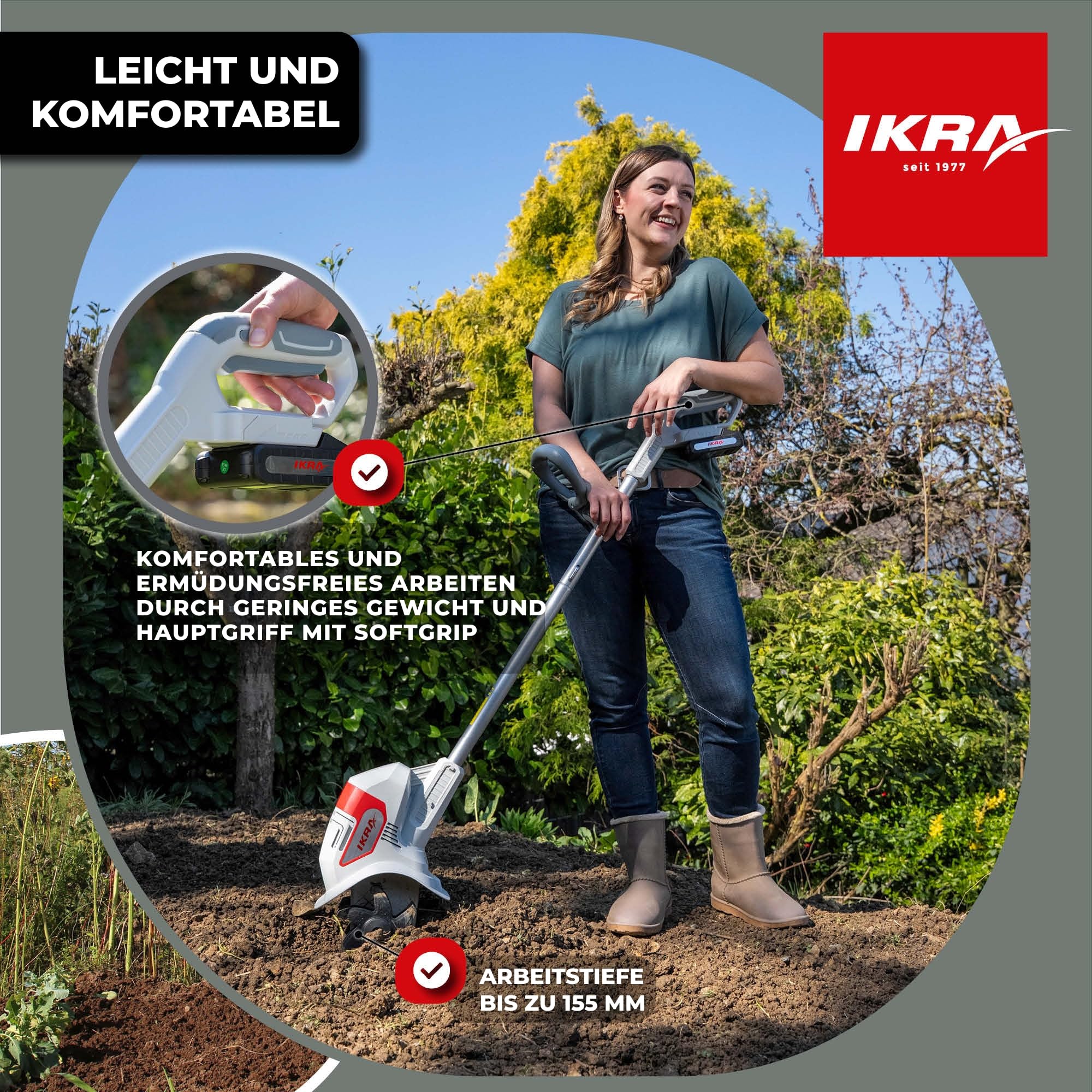 IKRA Bodenhacke IAMH 20, Arbeitsbreite 19cm, inkl. Akku & Ladegerät | Boden lockern und Saatbett vorbereiten, Arbeitstiefe bis 15,5cm, leicht, platzsparende Lagerung, 20V-Akku-Familie von IKRA