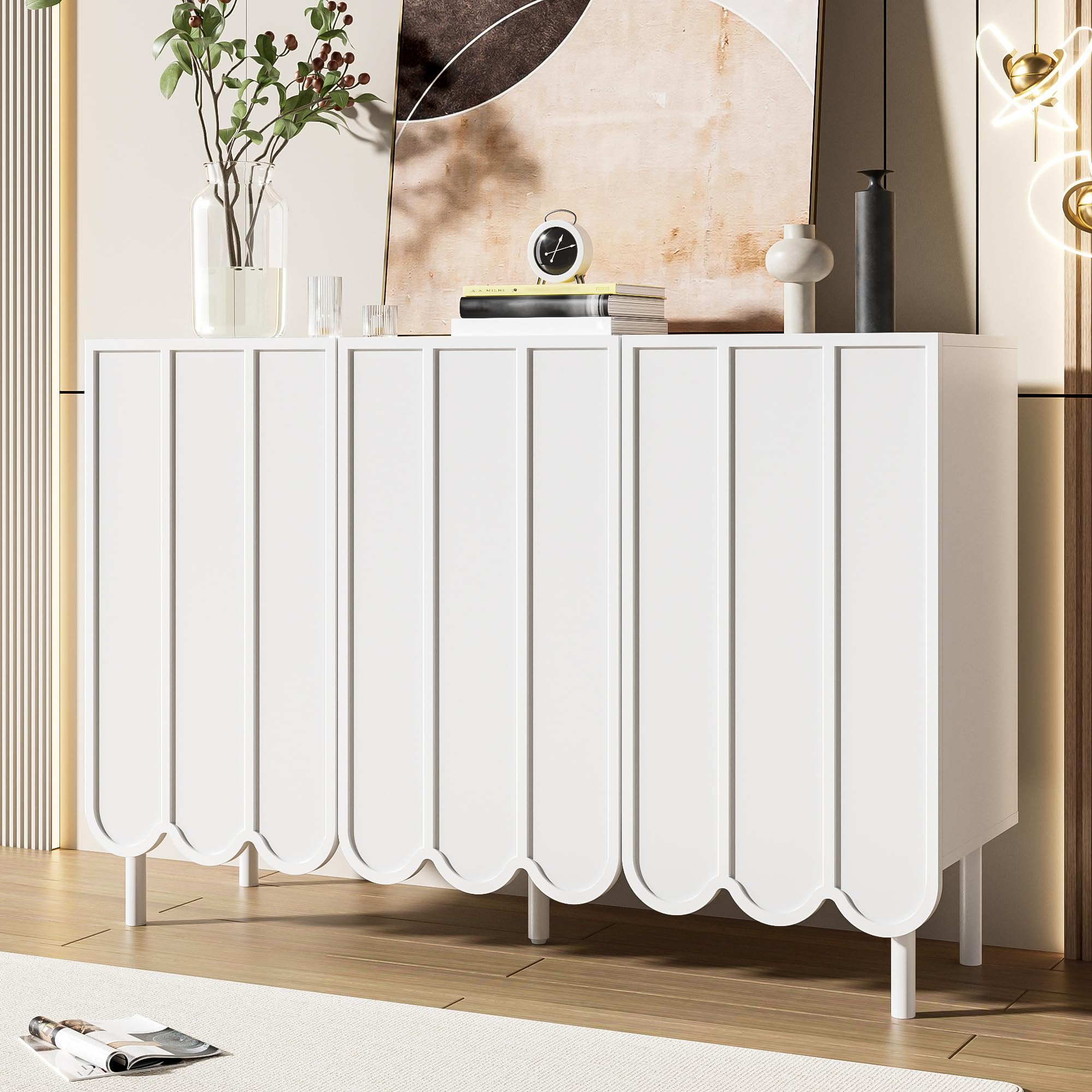 Credenza con ante ondulate, moderna bianca, 120 x 35 x 80 cm, senza maniglie, ripiani regolabili, spazio per soggiorno, corridoio e sala da pranzo