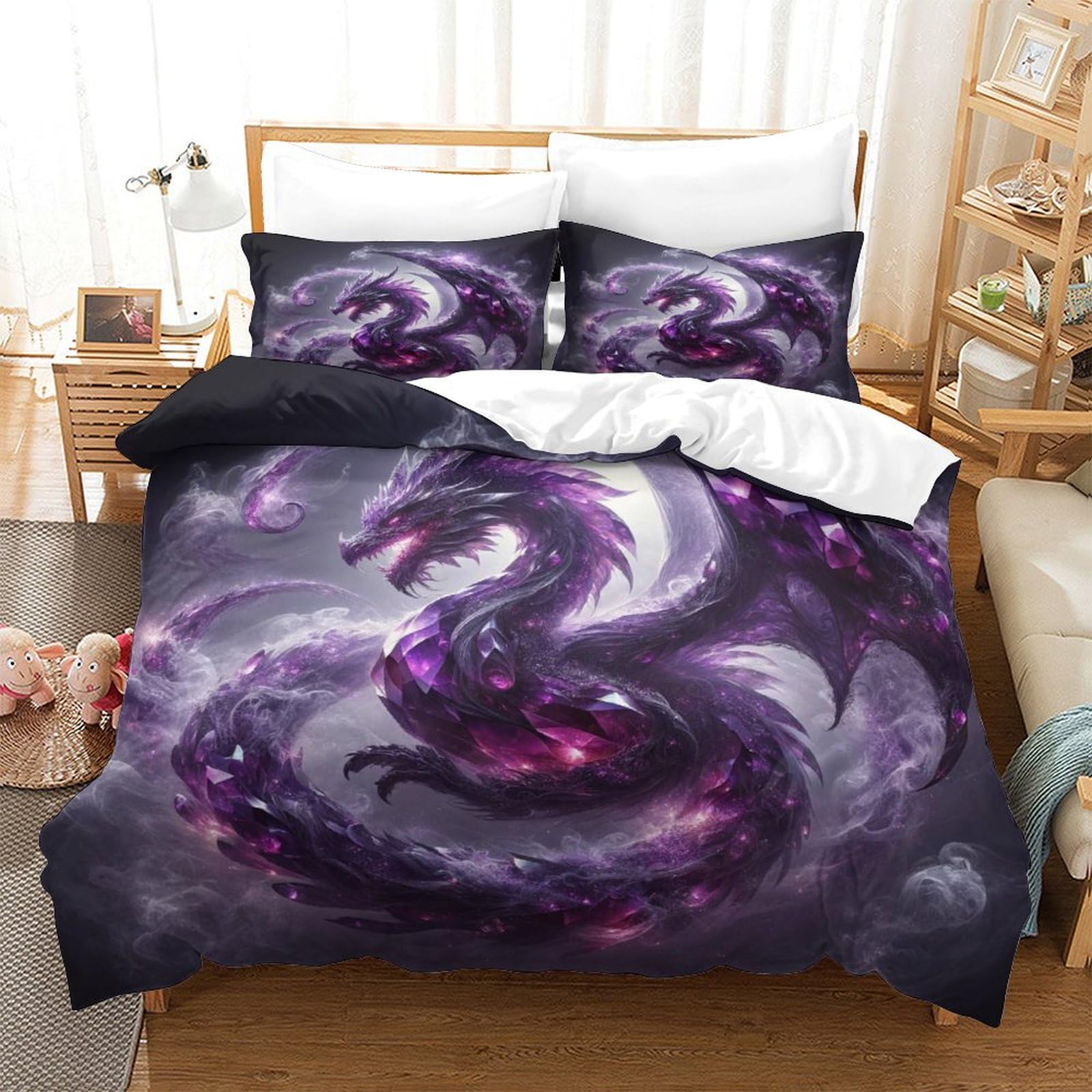 TNFHSOFT Flying Dragon 3D Printed Duvet Cover Purple Dragon Set Brushed Microfiber Soft Quilt Covers Suitable for Boys Girls Teen Adults Easy Care Hotel Quality Bedding Sets with Pillowcase