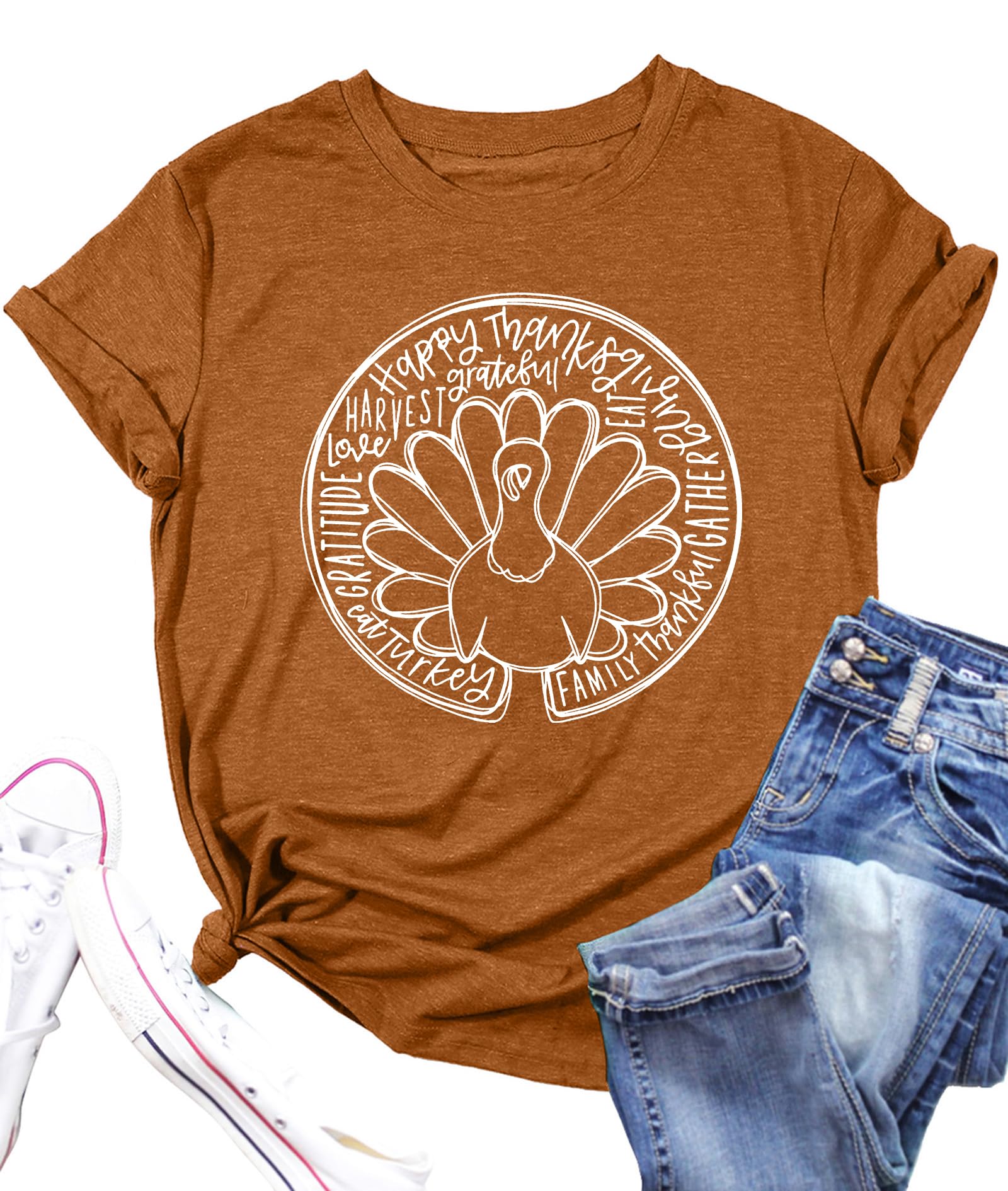 Thanksgiving Shirt for Women Turkey Print T-Shirts Thankful Fall Short Sleeve Tee Tops