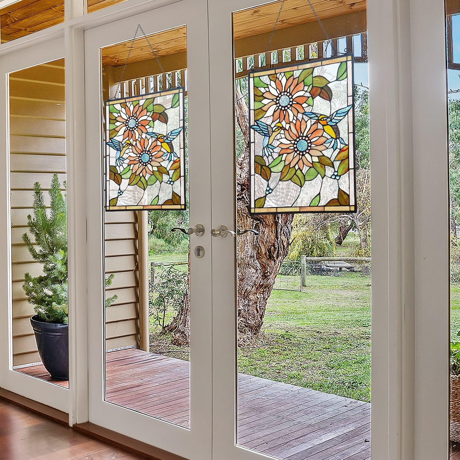 Capulina Sunflower Humming Bird Rectangle Stained Glass Window Hangings Panels Tiffany Style Stained Glass Handicrafts Gifts for Home Window Decor