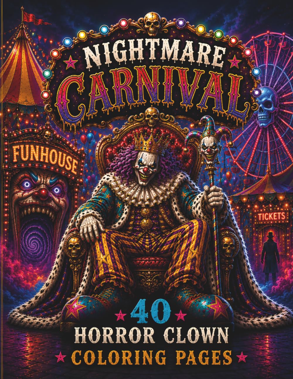 Nightmare Carnival: 40 Horror Clown Coloring Pages for Adults