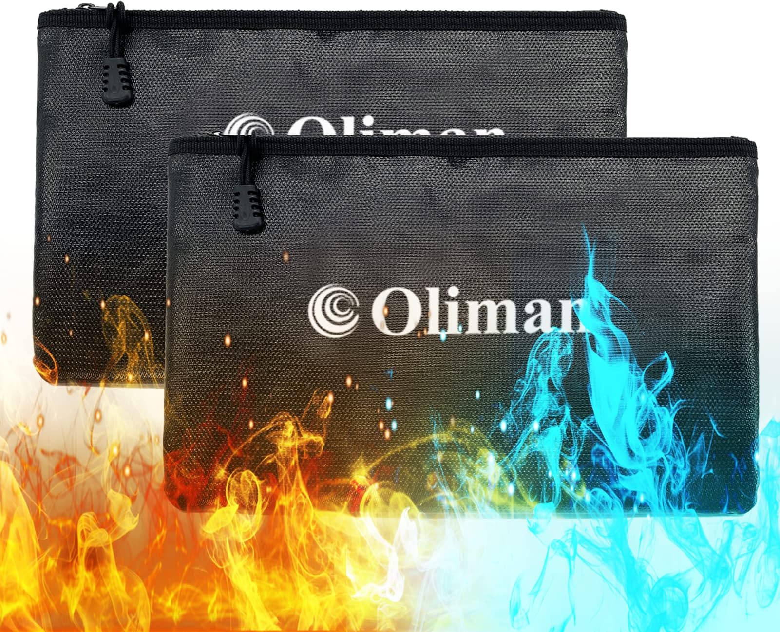Oliman Fireproof Document Bag size 7.8 * 11.8 inch[2000°F – Black] Non-Itchy Fireproof Money Bag, Fireproof Wallet Bag, Cash Fireproof Bag Set for Valuables - Passport, Currency & Keys (2-Pack Black)