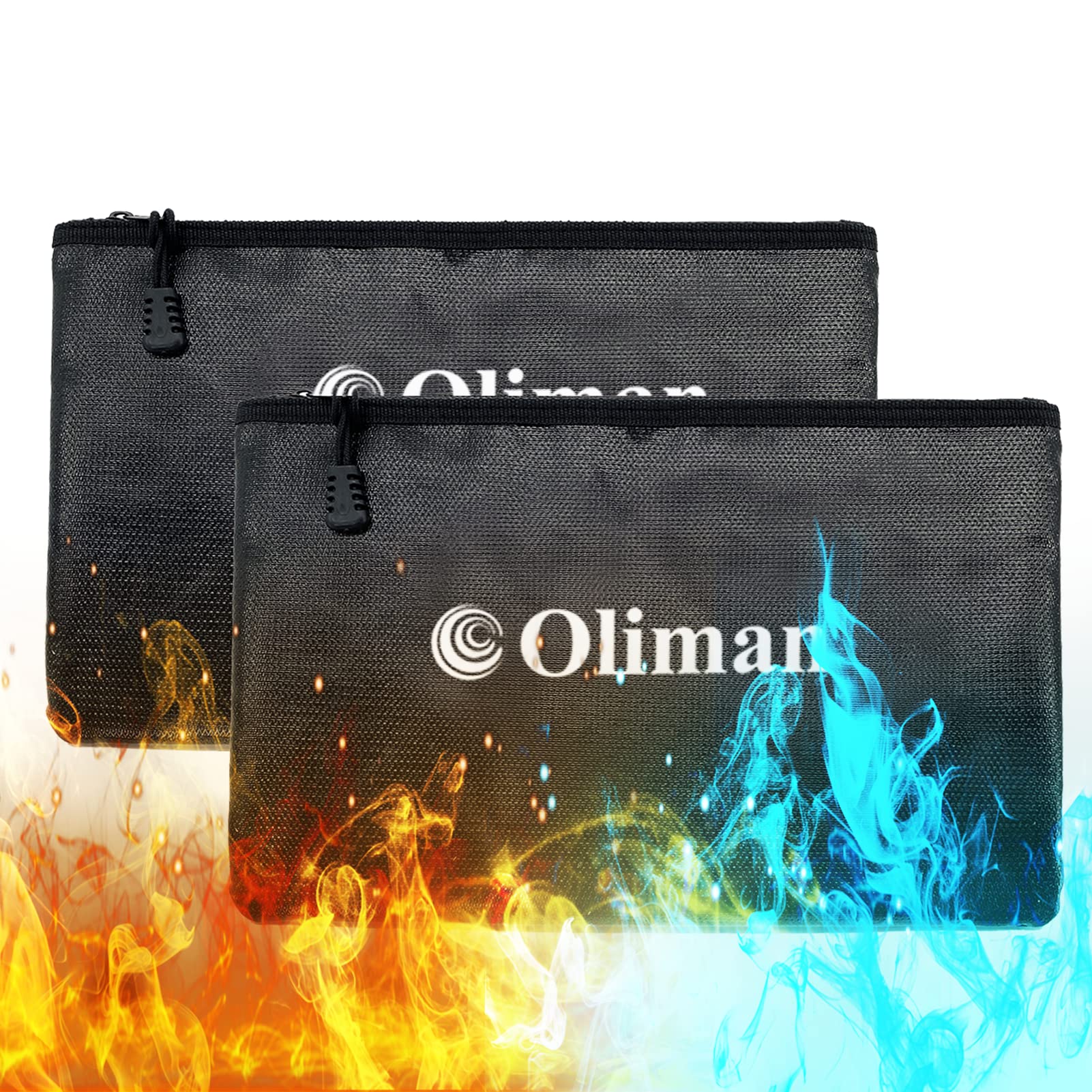 Oliman Fireproof Document Bag size 7.8 * 11.8 inch[2000°F – Black] Non-Itchy Fireproof Money Bag, Fireproof Wallet Bag, Cash Fireproof Bag Set for Valuables - Passport, Currency & Keys (2-Pack Black)
