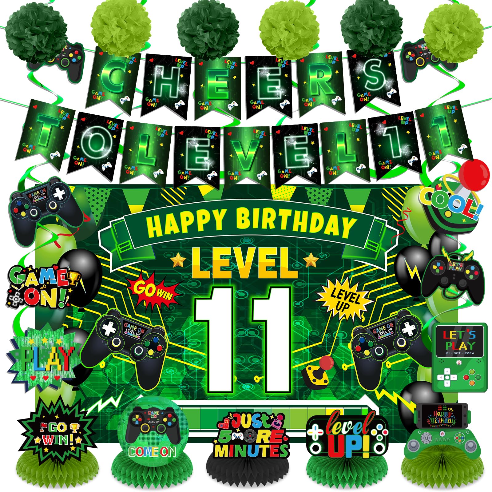 Video Game 11th Birthday Party Decorations Green Black Happy Birthday Level 11 Banner Backdrop Honeycomb Centerpieces Hanging Swirls Tissue Paper