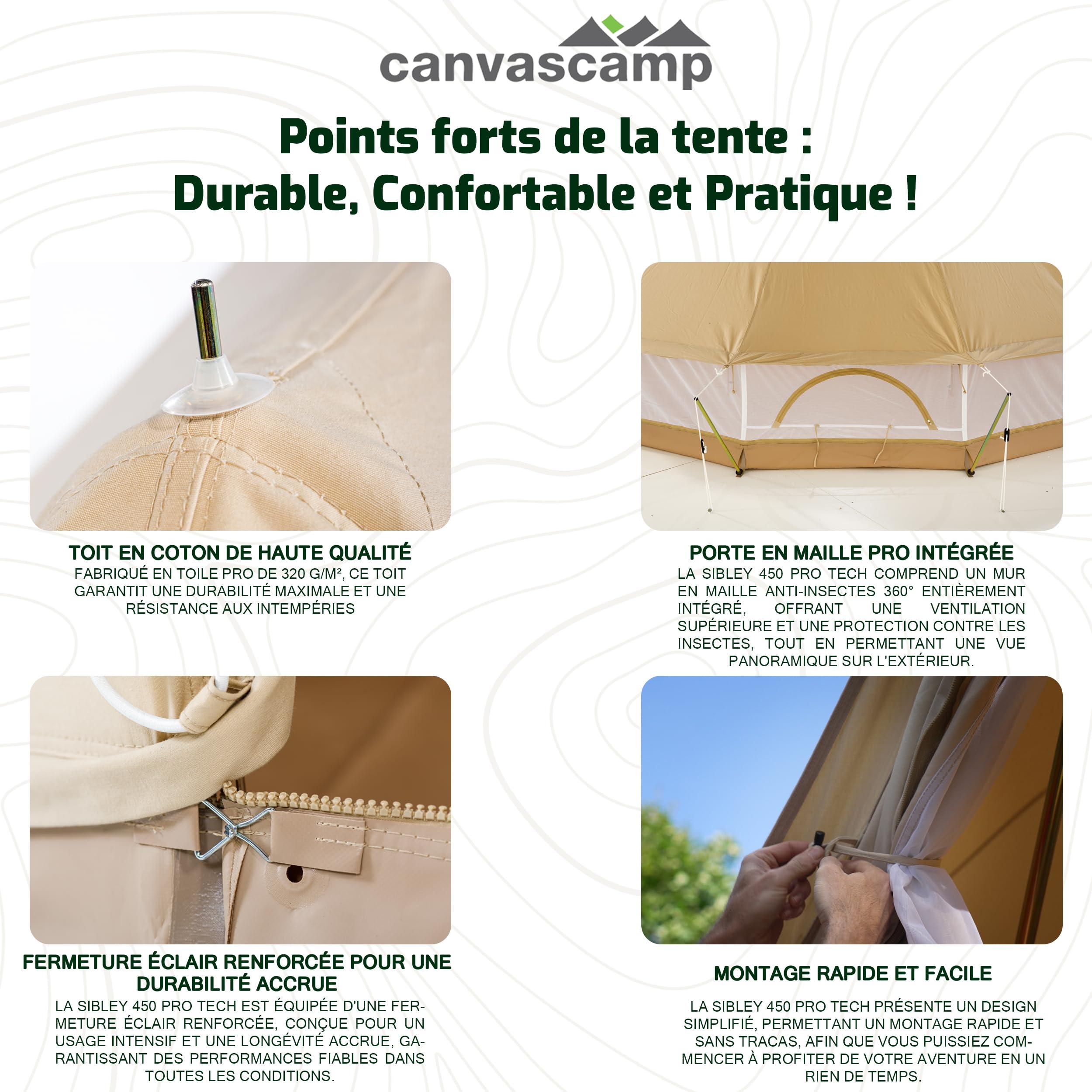 SIBLEY 450 ProTech Glamping Tente de camping en toile étanche pour 6 personnes Parois latérales amovibles Mur anti-moustiques intégré Tente de luxe pour festivals et aventures en plein air