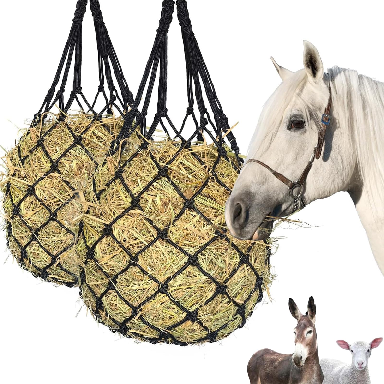 2 Piezas Redes de Heno para Caballos, Malla Fina de 5x5 cm para Alimentación Lenta, Portátil Red Heno para Cabras, Reduce el Desperdicio para Caballos, Cabras y Ponis