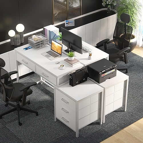 Miniatura 7 de Escritorio para computadora con 5 cajones, escritorio de oficina reversible con tomas de corriente y puertos de carga USB, mesa de escritura