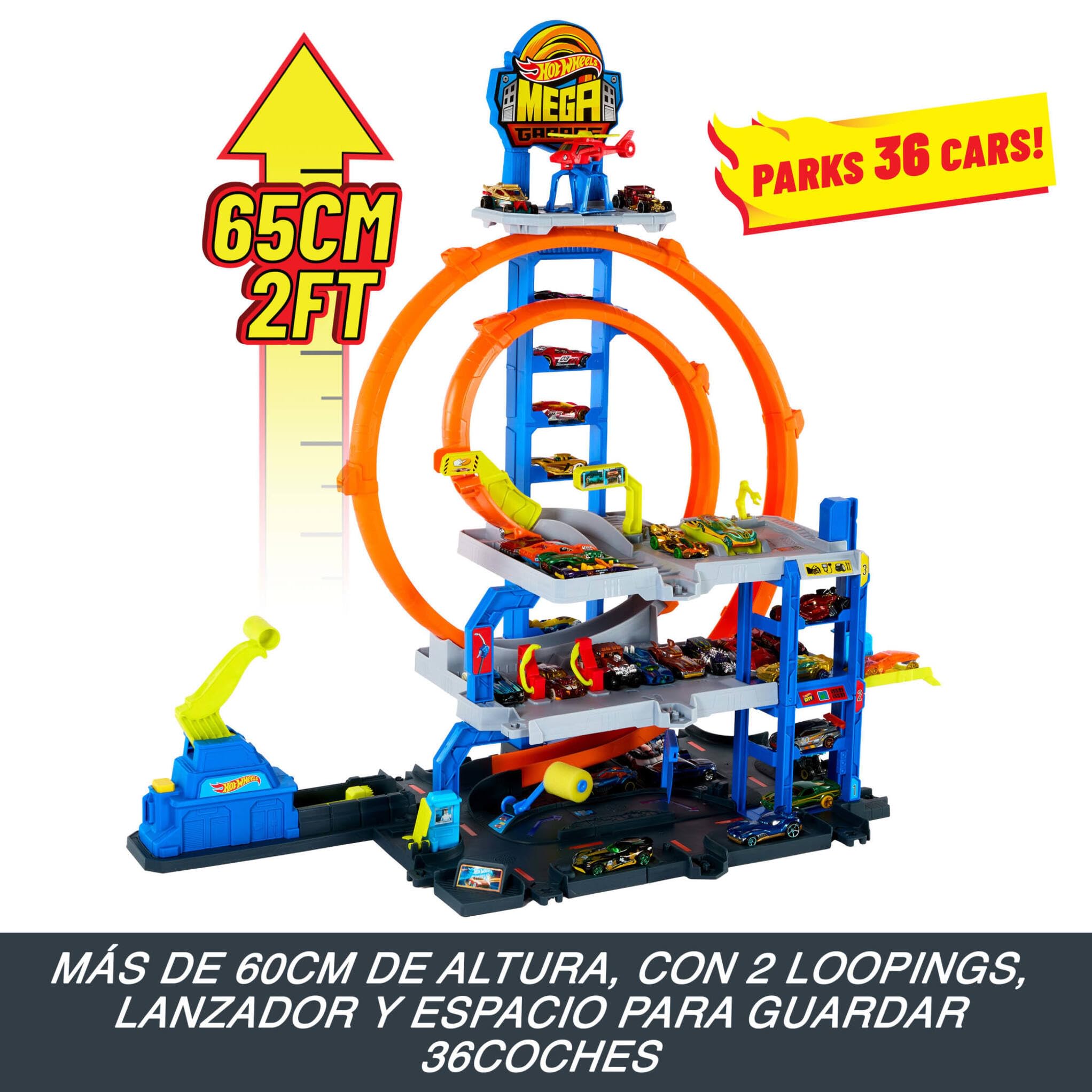 Hot Wheels Conjunto de Pista con helicóptero y Coche metálico, Tres Niveles de Juego, Dos loopings, Almacenamiento para 37 Coches a Escala 1:64 y adaptadores Speed Snap, JLC05