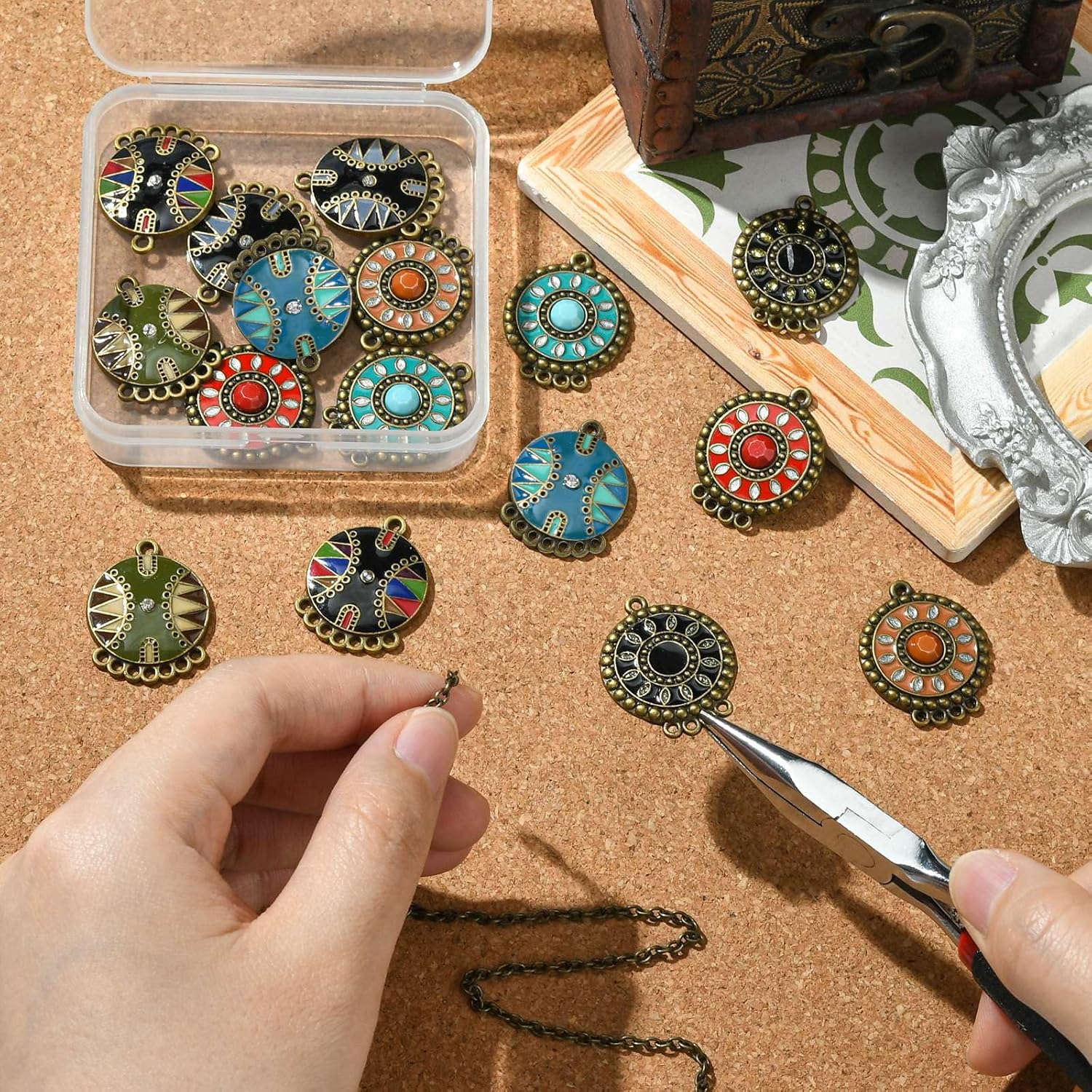 KitBeads 16pcs 8 Styles Enamel Boho Charmss Antique Bronze Flat Round Connector Charms Rhinestone Boho Chandelier Charms for Jewelry Making Bulk - Image 4