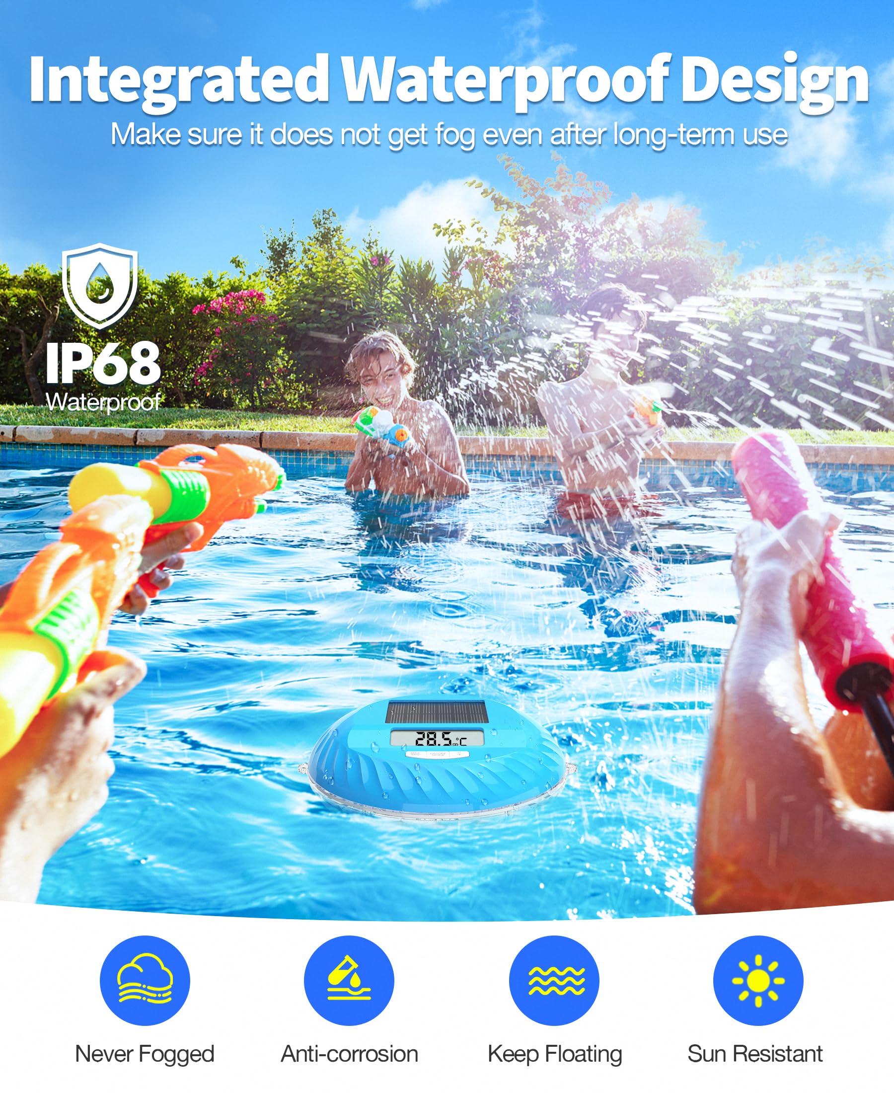 LuxBlue 2 en 1 Thermometre Piscine Solaire et Lampe Piscines, Thermometre Piscine Flottante avec Spectacle Lumineux Sous-marin Coloré, IP68 Ultra-précis Thermometres Piscines Numérique Facile à Lire