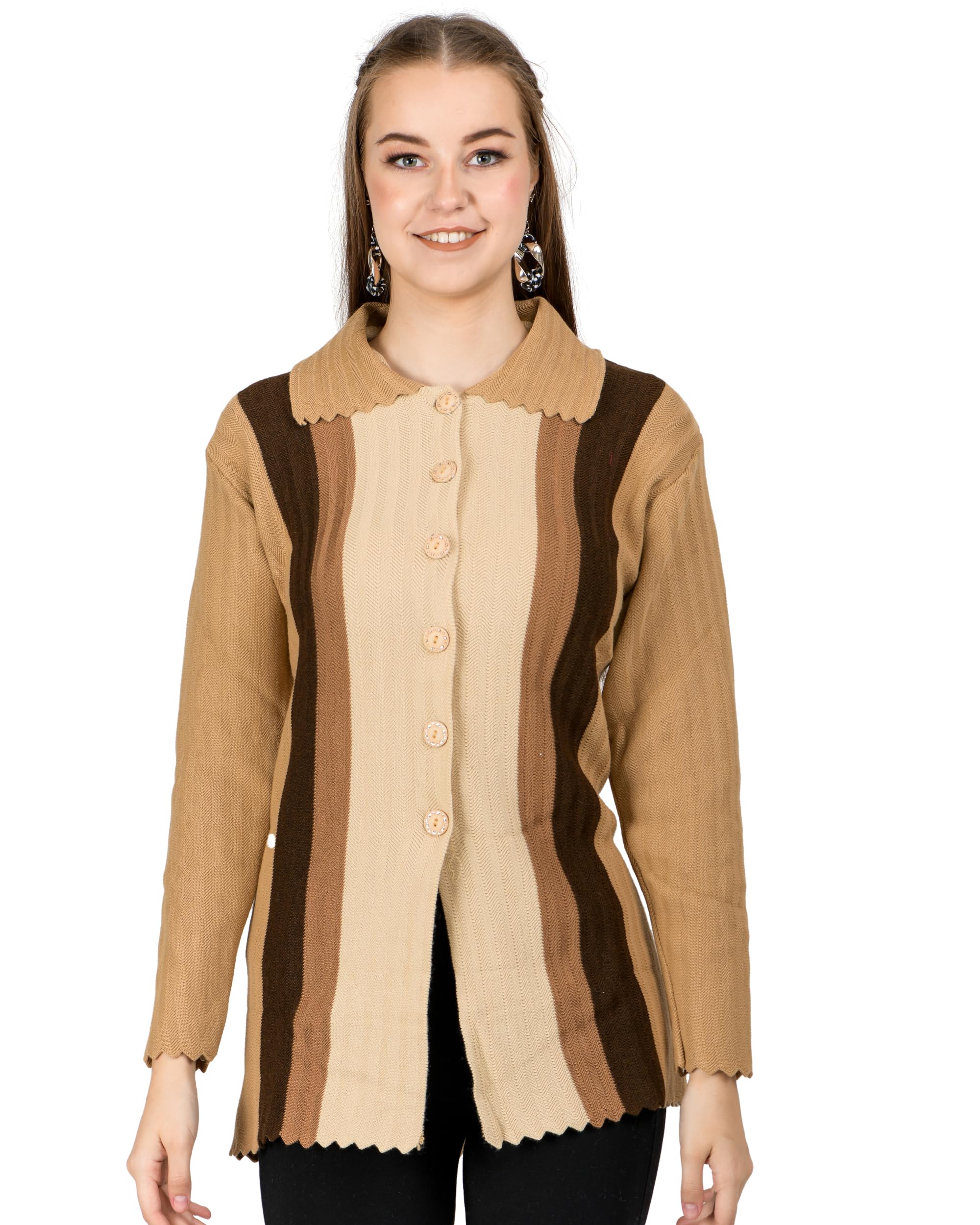 ladywillington Lady Willington Women's Woolen Double Collar Neck Printed Design Heavy Rainbow Fabric Cardigan - Pure Wool Winter Wear-picture-18