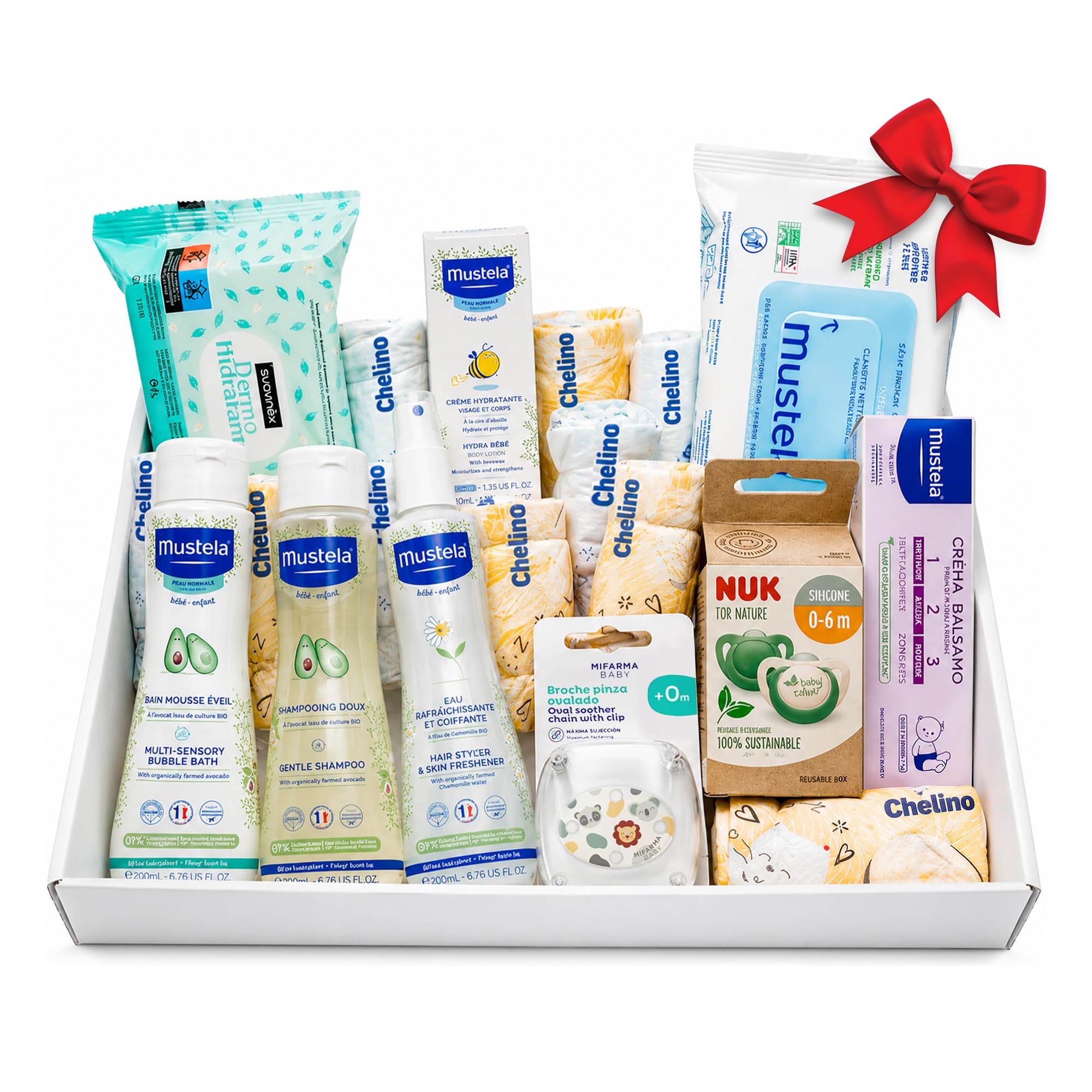 Cesto regalo per neonato, set regalo unisex per maschietti e femminucce, kit igienico completo con gel, shampoo, acqua di colonia, salviettine, pannolini, ciucci e clip, kit per neonato baby shower
