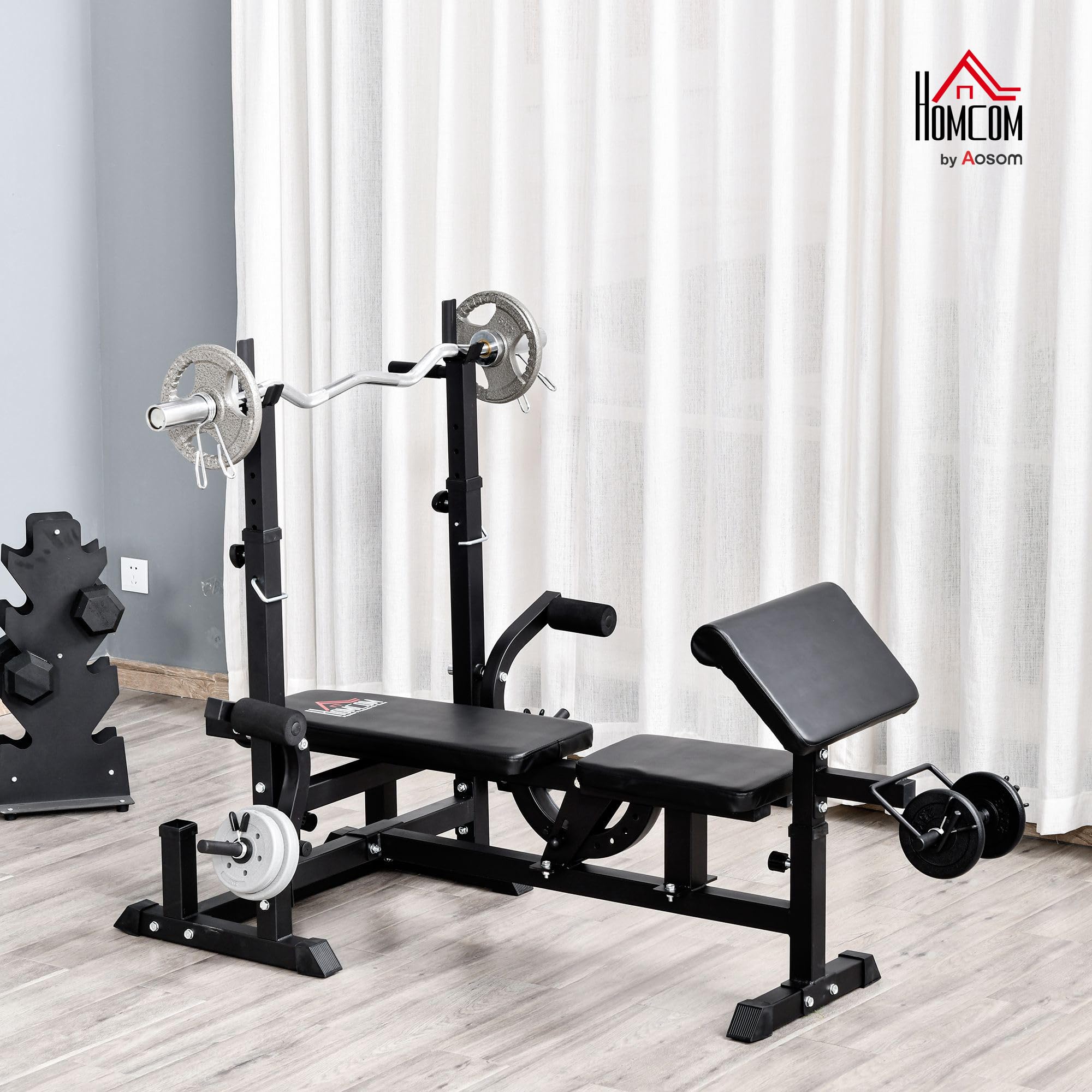 HOMCOM Panca da Palestra con Supporto per Bilanciere e Schienale Regolabile, Panca Pesi con Leg Extension e Leg Curl, Rack per Bilancieri, per Casa Palestra, Nero