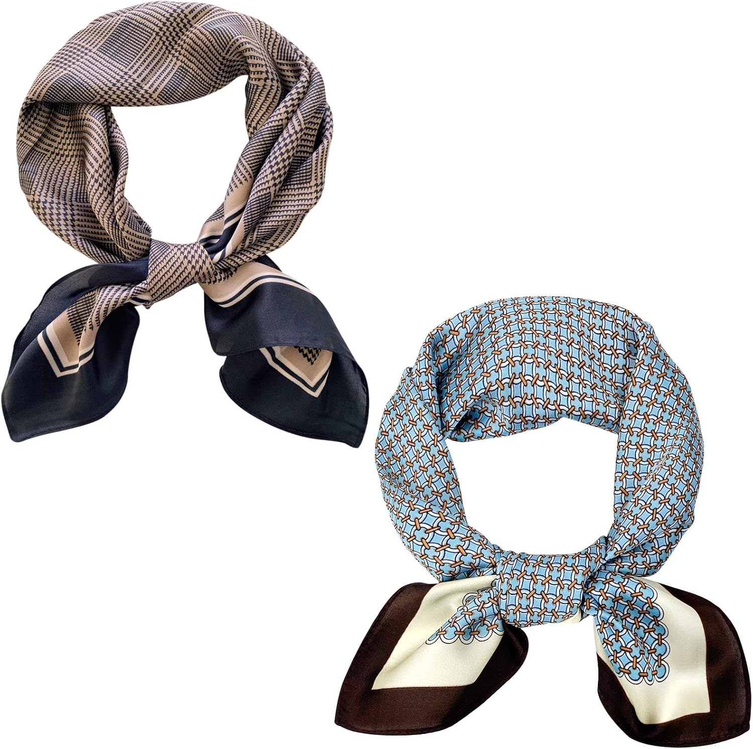 allydrew Womens 2 Piece Silky Feeling Satin Square Scarf Set, 26.5x26.5 Inch Neckerchief [A75255, A74025], Circle Check