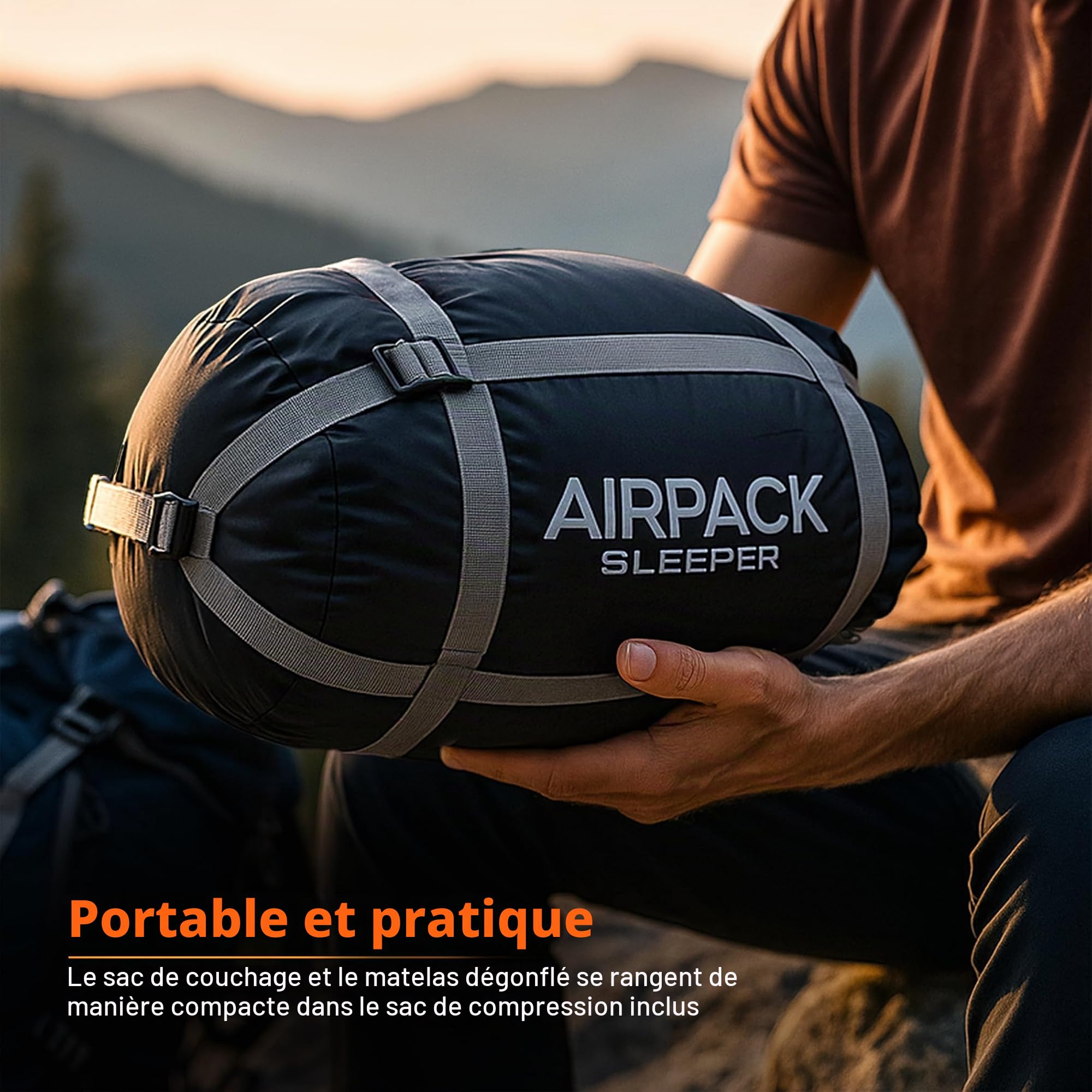 Sac de couchage avec coussin intégré (AirPack Sleeper) – Matelas de couchage gonflable tout-en-un et couverture zippée pour le camping avec pompe à pied intégrée (noir/vert) 203,2 x 76,2 cm
