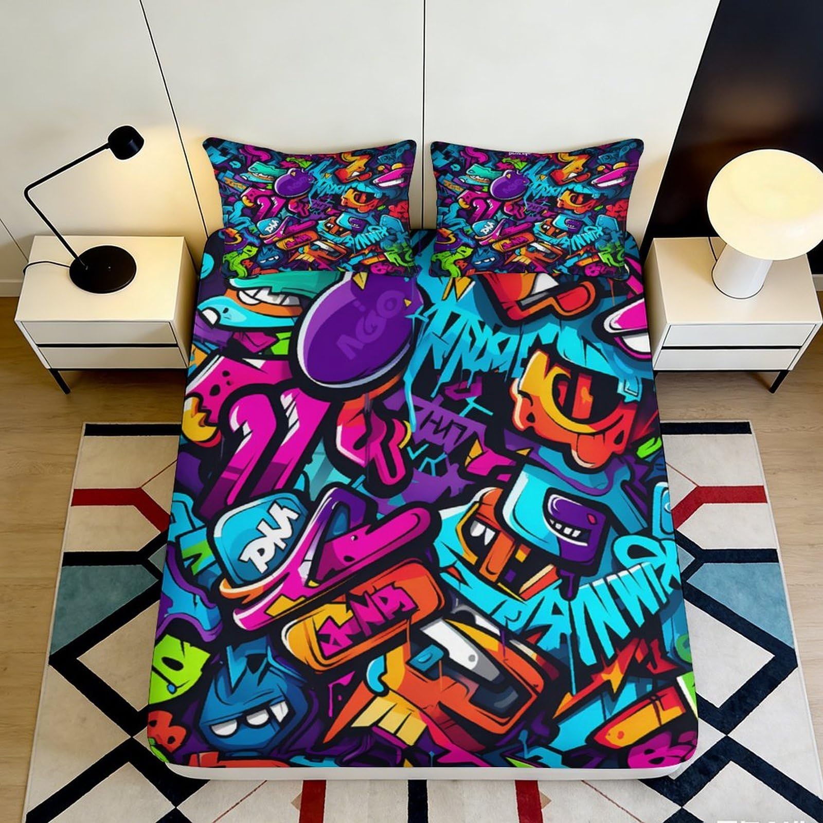 3D Printed Graffiti Art Fitted Sheet Microfiber Colorful Urban Street Mattress Cover for Bedroom Dorm Protection Decor 160x200x25cm