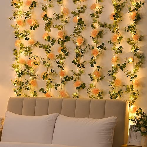 Miniatura 7 de MARTINE MALL 2 guirnaldas de eucalipto artificial de 13 pies con flores, guirnalda de flores de vid con cadena de luces de 13.1 pies, guirnalda de
