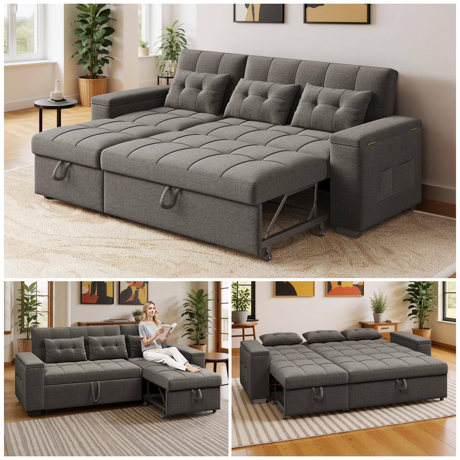 Photo 1 of ***PHOTO AND DESCRIPTION FOR REFERENCE ONLY***Multi-Functional Pull-Out Sofa Bed , Storage Armrests, Solid Wood Frame – Ideal for Small Spaces, Easy Assembly