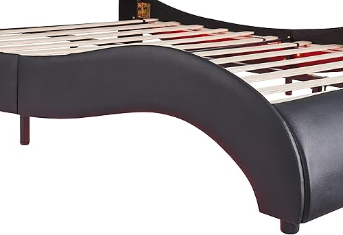 Miniatura 4 de Harper & Bright Designs Base de cama tapizada de tamaño matrimonial con luces LED debajo de la cabecera de perfil bajo, ondulado, piel sintética,