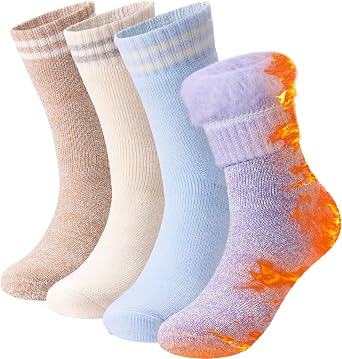 HUGSWEET Thermal Winter Socks for Women Extra Thick Insulated Heated Slipper Socks for Cold Weather 4 Pairs Multicolor