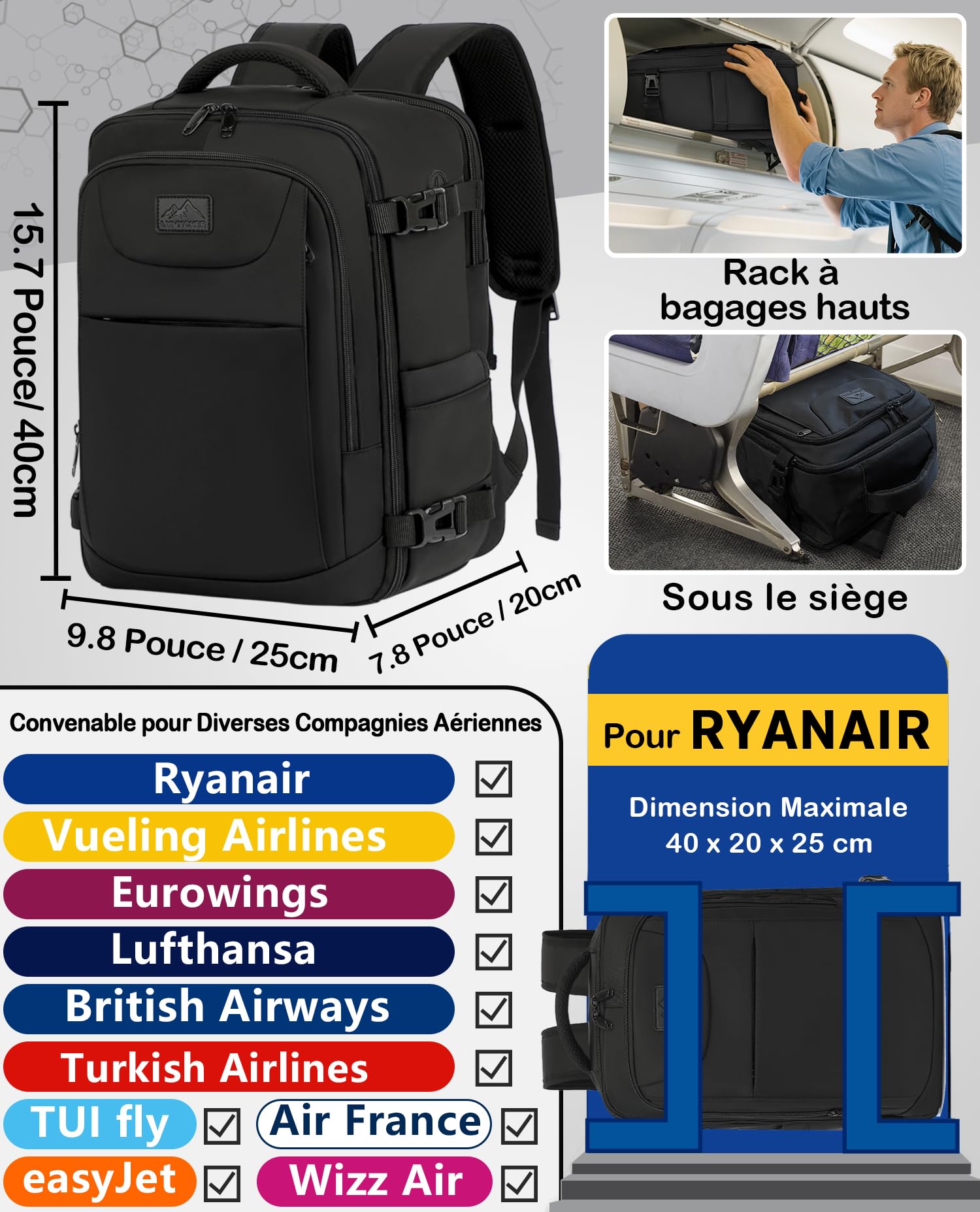Sac a Dos Voyage Cabine Avion 40x20x25 Bagage Cabine pour Ryanair sous Siège Bagage à Main Petit Sac à Dos 20 L pour Femme Homme Ordinateur Portable 14 Pouces Noir