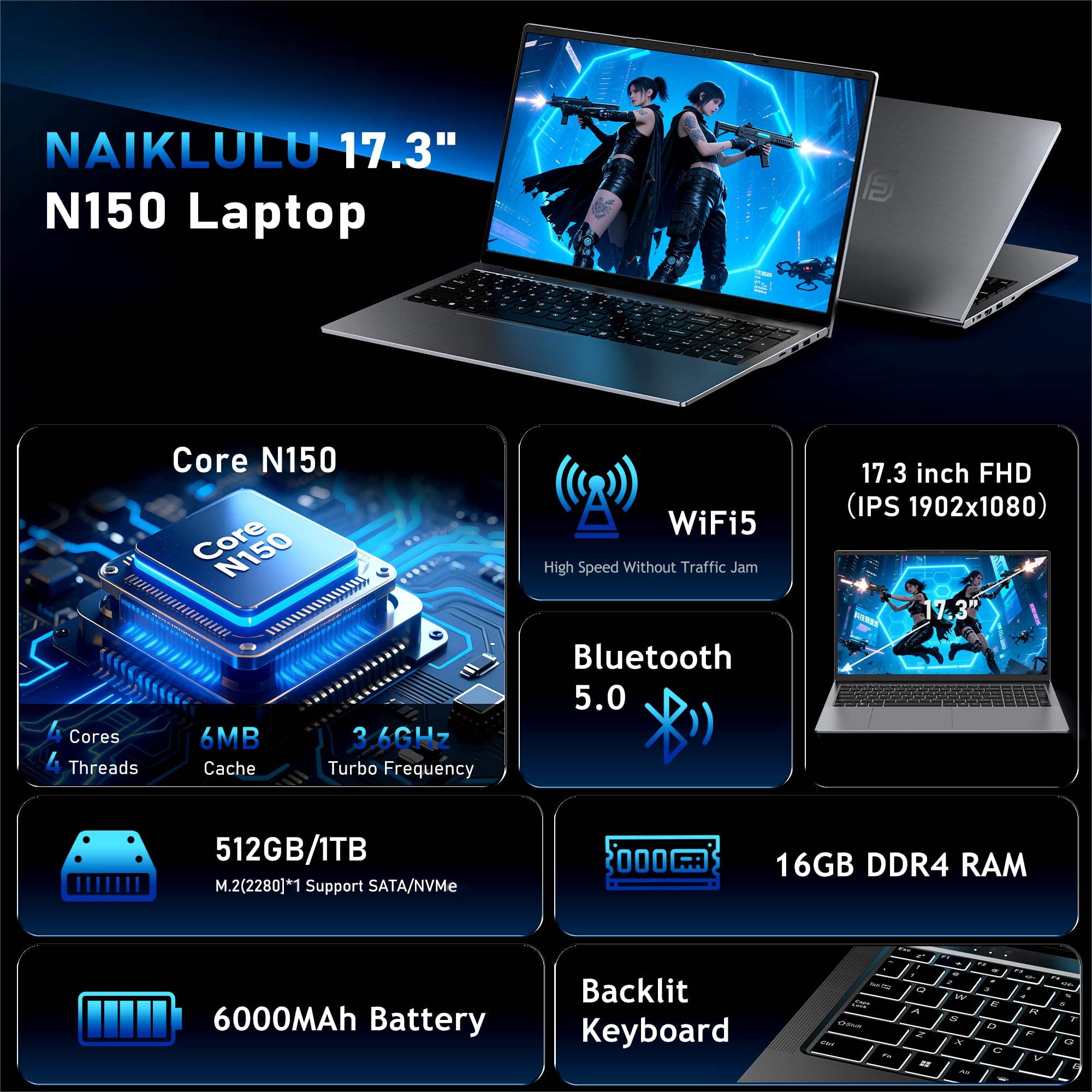 NAIKLULU 17.3 Pollici Computer PC Portatile Processor N150(1.2 a 3.6Ghz), RAM 16GB SSD 1TB PC Portatile Laptop 2025 Notebook, 1920x1200P/Tastiera Completa Retroilluminata/Webcam/Touchpad/6000Mah