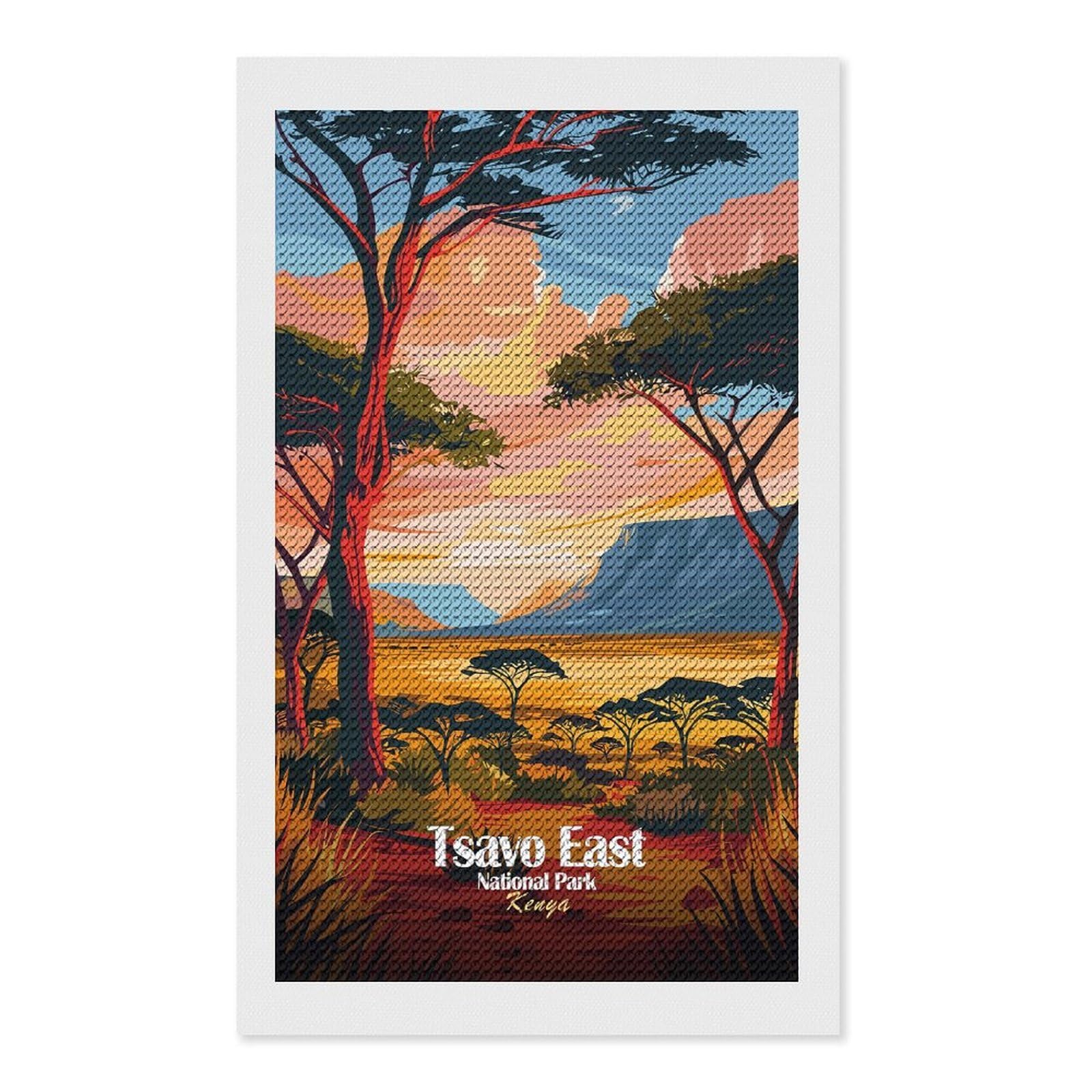 Junmoney Tsavo East National Park Kenya Art Diamond Art Kit 12"x20", Modern Decor, for Adults, Printed Canvas, Holiday Gift Idea, Fun Craft Experience