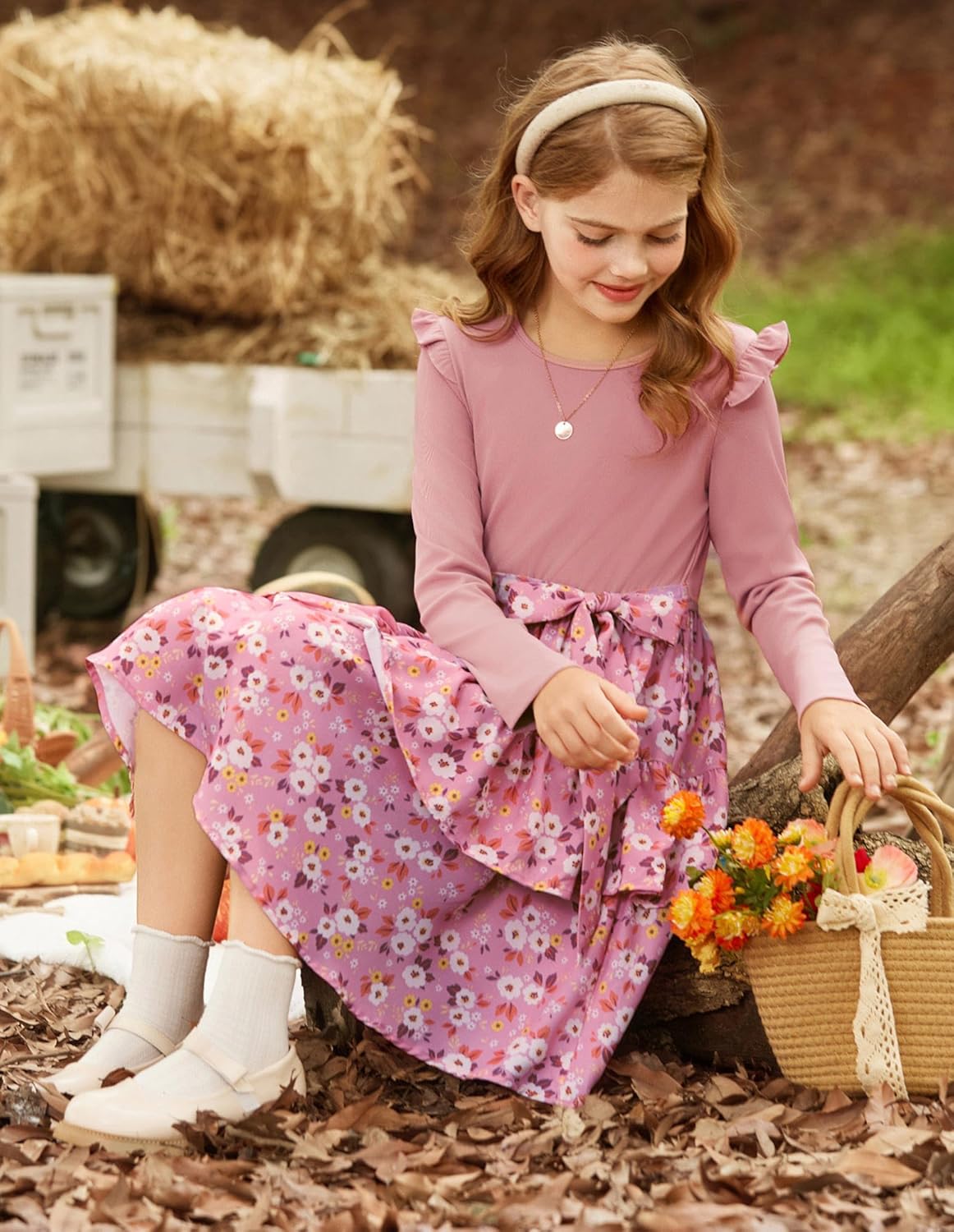 GRACE KARIN Girls Fall Long Sleeve Dresses Girl Floral Midi Dress Kids Casual Holiday Dresses with Belt Size 6-13 - Image 8