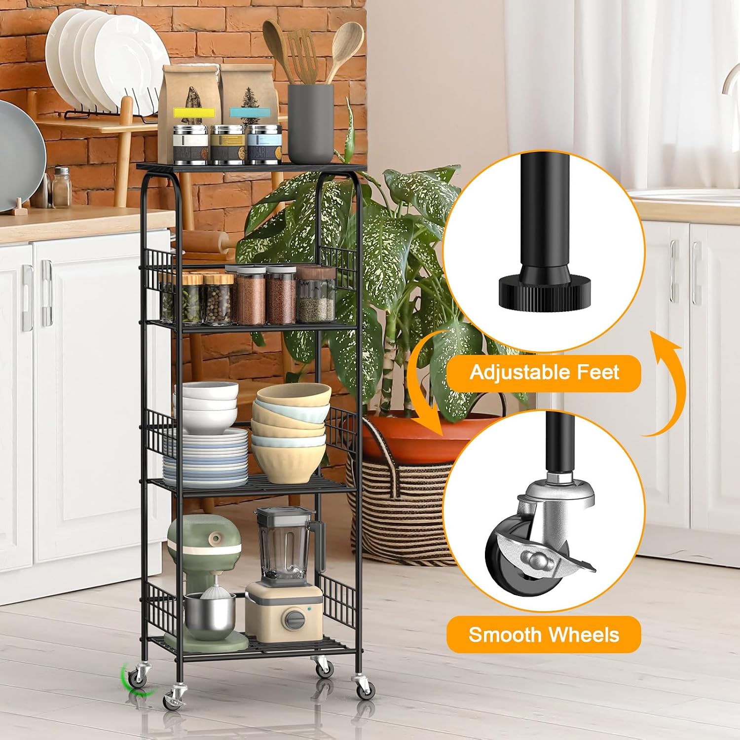 smusei 4 Tier Kitchen Cart on Wheels Black Metal Moveable Kitchen Cart with Storage Large Capacity Shelving Unit Microwave Stand Rack Rolling Utility Cart for Kitchen, Bathroom, Pantry