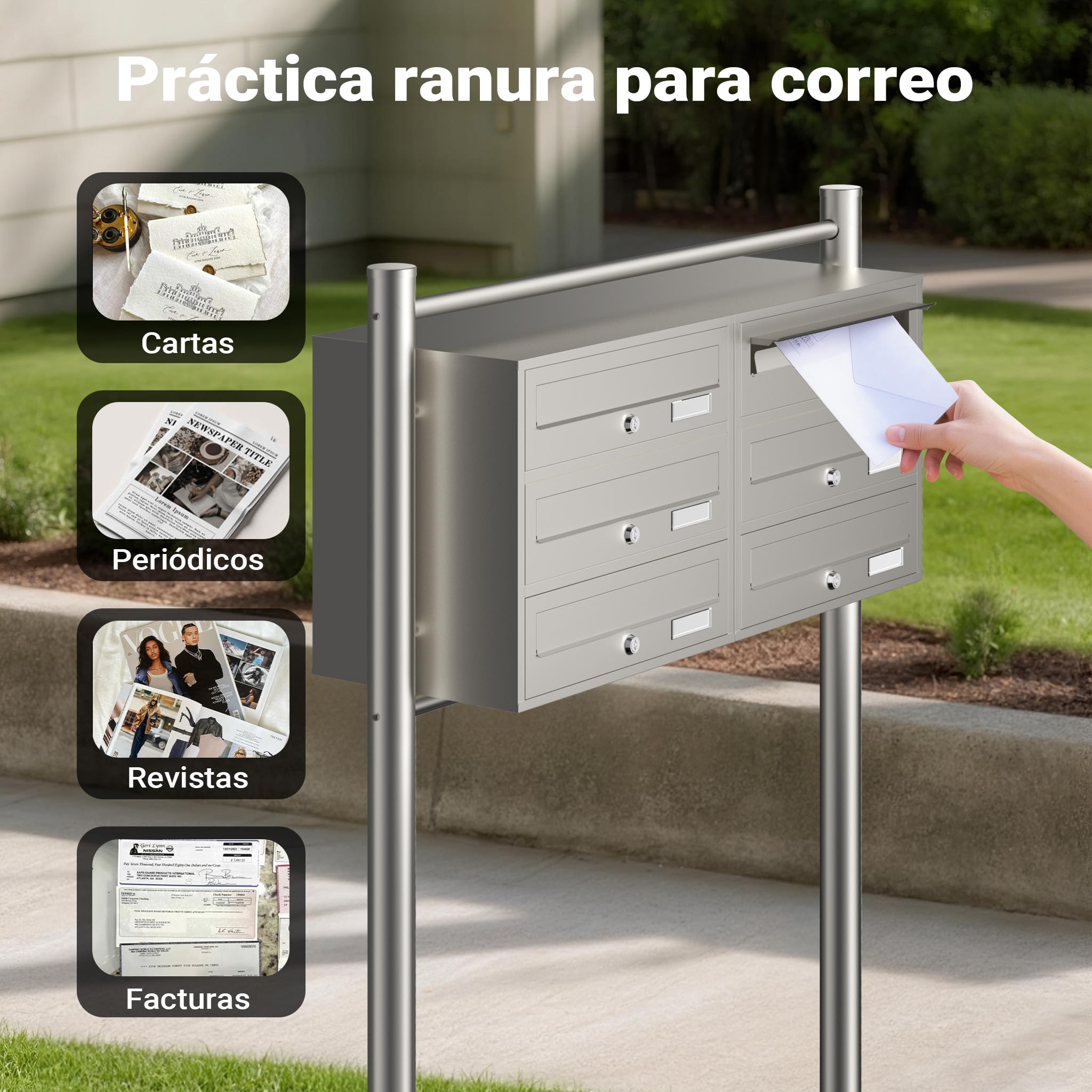 Wiltec Sistema de 6 buzones Acero Inoxidable Resistente a la Intemperie con cerraduras de Cilindro y Llaves instalación Independiente Espacio Amplio para Cartas y Paquetes pequeños